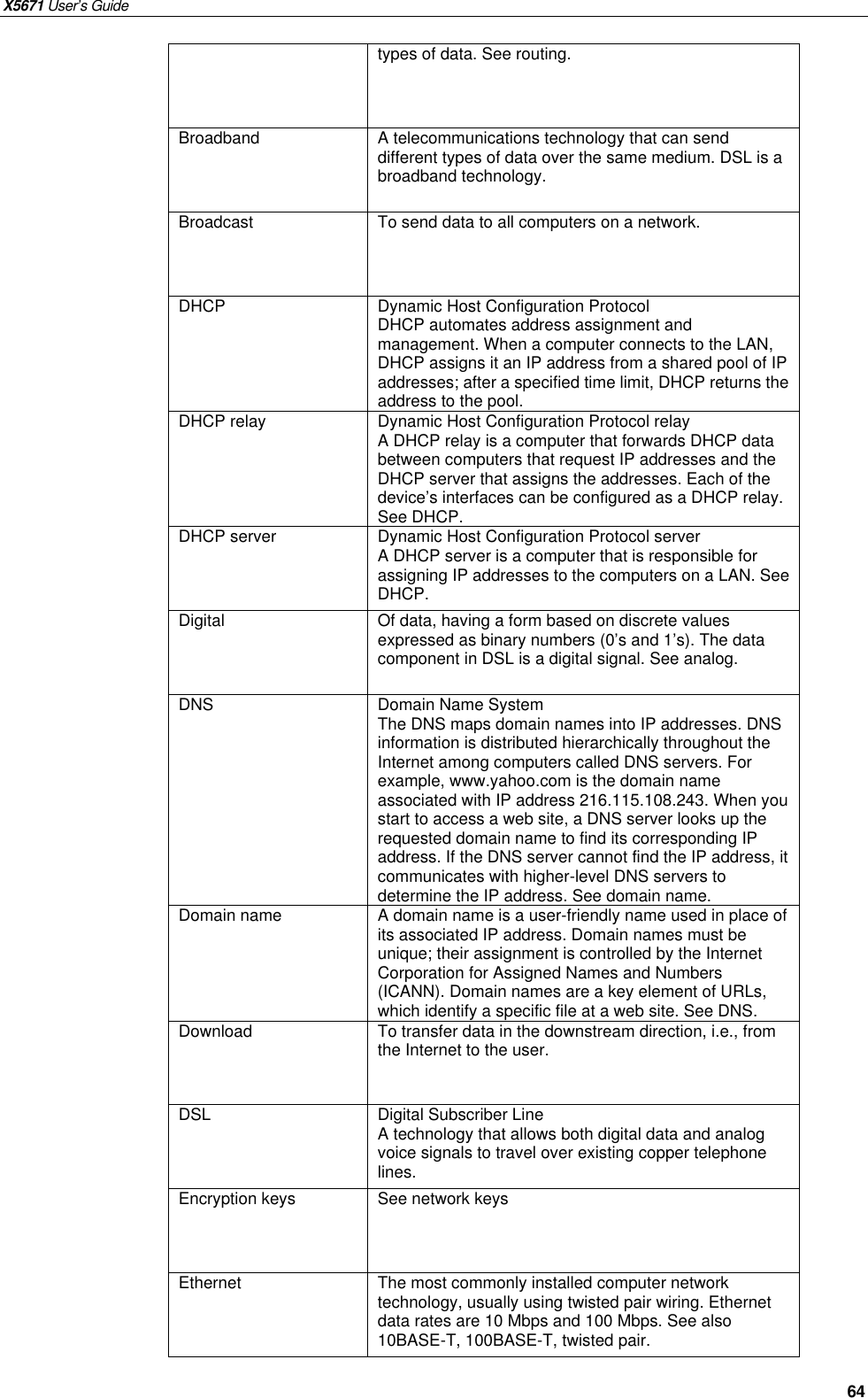 X5671 User’s Guide   64 types of data. See routing. Broadband  A telecommunications technology that can send different types of data over the same medium. DSL is a broadband technology. Broadcast  To send data to all computers on a network. DHCP  Dynamic Host Configuration Protocol DHCP automates address assignment and management. When a computer connects to the LAN, DHCP assigns it an IP address from a shared pool of IP addresses; after a specified time limit, DHCP returns the address to the pool. DHCP relay  Dynamic Host Configuration Protocol relay A DHCP relay is a computer that forwards DHCP data between computers that request IP addresses and the DHCP server that assigns the addresses. Each of the device’s interfaces can be configured as a DHCP relay. See DHCP. DHCP server  Dynamic Host Configuration Protocol server A DHCP server is a computer that is responsible for assigning IP addresses to the computers on a LAN. See DHCP. Digital  Of data, having a form based on discrete values expressed as binary numbers (0’s and 1’s). The data component in DSL is a digital signal. See analog. DNS  Domain Name System   The DNS maps domain names into IP addresses. DNS information is distributed hierarchically throughout the Internet among computers called DNS servers. For example, www.yahoo.com is the domain name associated with IP address 216.115.108.243. When you start to access a web site, a DNS server looks up the requested domain name to find its corresponding IP address. If the DNS server cannot find the IP address, it communicates with higher-level DNS servers to determine the IP address. See domain name. Domain name  A domain name is a user-friendly name used in place of its associated IP address. Domain names must be unique; their assignment is controlled by the Internet Corporation for Assigned Names and Numbers (ICANN). Domain names are a key element of URLs, which identify a specific file at a web site. See DNS. Download  To transfer data in the downstream direction, i.e., from the Internet to the user. DSL  Digital Subscriber Line A technology that allows both digital data and analog voice signals to travel over existing copper telephone lines.   Encryption keys  See network keys Ethernet  The most commonly installed computer network technology, usually using twisted pair wiring. Ethernet data rates are 10 Mbps and 100 Mbps. See also 10BASE-T, 100BASE-T, twisted pair. 