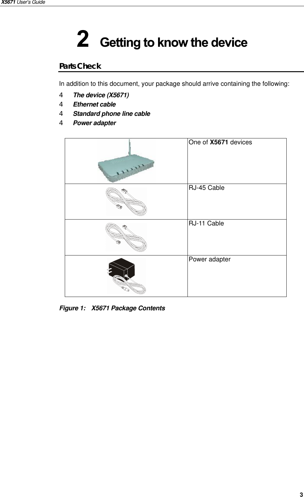 X5671 User’s Guide   3 Parts Check In addition to this document, your package should arrive containing the following: 4 The device (X5671) 4 Ethernet cable 4 Standard phone line cable 4 Power adapter    Figure 1:  X5671 Package Contents  One of X5671 devices    RJ-45 Cable  RJ-11 Cable  Power adapter 