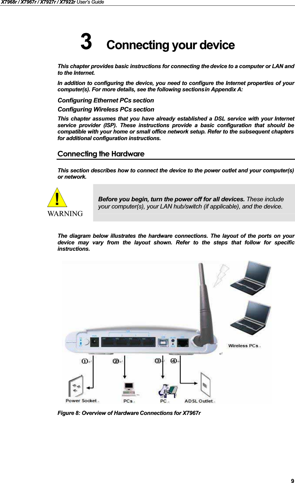 X7968r / X7967r / X7927r / X7922r User’s Guide9This chapter provides basic instructions for connecting the device to a computer or LAN andto the Internet.In addition to configuring the device, you need to configure the Internet properties of yourcomputer(s). For more details, see the following sections in Appendix A:Configuring Ethernet PCs sectionConfiguring Wireless PCs sectionThis chapter assumes that you have already established a DSL service with your Internetservice provider (ISP). These instructions provide a basic configuration that should becompatible with your home or small office network setup. Refer to the subsequent chaptersfor additional configuration instructions.Connecting the HardwareThis section describes how to connect the device to the power outlet and your computer(s)or network.WARNINGBefore you begin, turn the power off for all devices. These include your computer(s), your LAN hub/switch (if applicable), and the device.The diagram below illustrates the hardware connections. The layout of the ports on yourdevice may vary from the layout shown. Refer to the steps that follow for specificinstructions.Figure 8: Overview of Hardware Connections for X7967r