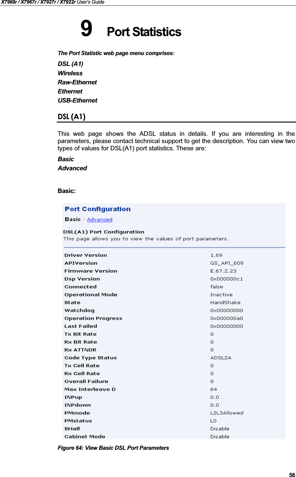 X7968r / X7967r / X7927r / X7922r User’s Guide56The Port Statistic web page menu comprises:DSL (A1)WirelessRaw-EthernetEthernetUSB-EthernetDSL (A1)This web page shows the ADSL status in details. If you are interesting in theparameters, please contact technical support to get the description. You can view twotypes of values for DSL(A1) port statistics. These are:BasicAdvancedBasic:Figure 64: View Basic DSL Port Parameters