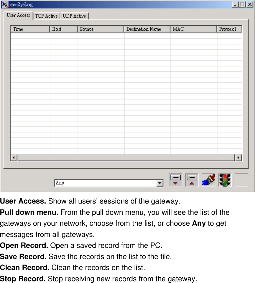  User Access. Show all users’ sessions of the gateway. Pull down menu. From the pull down menu, you will see the list of the gateways on your network, choose from the list, or choose Any to get messages from all gateways. Open Record. Open a saved record from the PC. Save Record. Save the records on the list to the file. Clean Record. Clean the records on the list. Stop Record. Stop receiving new records from the gateway. 