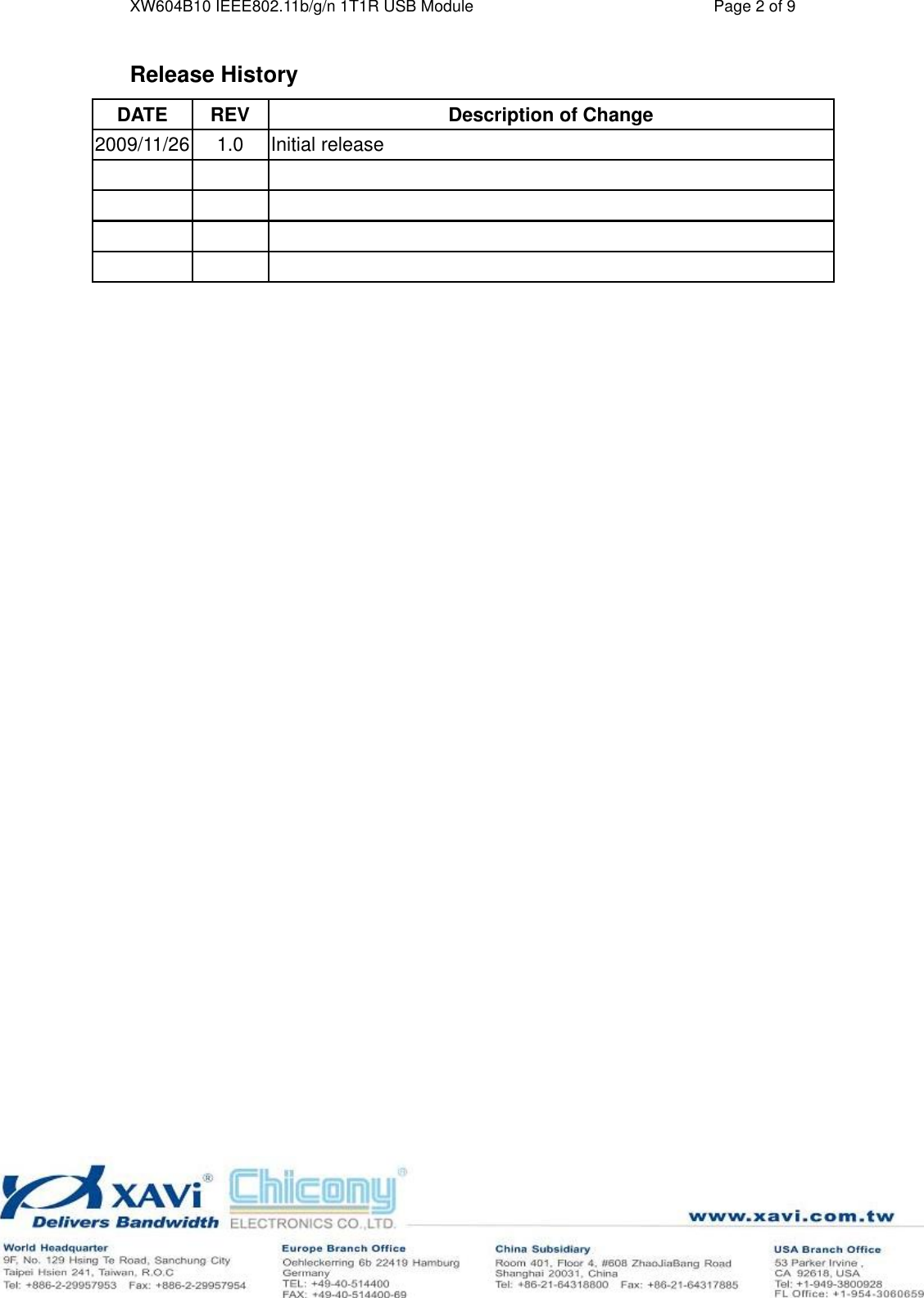 XW604B10 IEEE802.11b/g/n 1T1R USB Module Page 2 of 9 Release History DATE REVDescription of Change 2009/11/26 1.0Initial release 