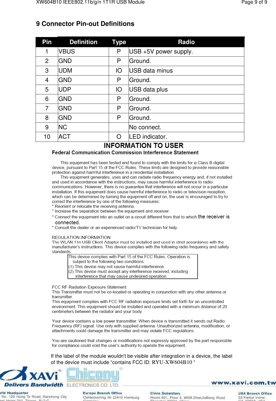   Pin  Definition  Type Radio 1  VBUS  P  USB +5V power supply. 2  GND  P  Ground. 3  UDM  IO  USB data minus 4  GND  P  Ground. 5  UDP  IO  USB data plus 6  GND  P  Ground. 7  GND  P  Ground. 8  GND  P  Ground. 9  NC    No connect. 10  ACT  O  LED indicator. XW604B10 IEEE802.11b/g/n 1T1R USB Module                                Page 9 of 9 9 Connector Pin-out Definitions                                                   If the label of the module wouldn’t be visible after integration in a device, the label of the device must include “contains FCC ID: RYU-XW604B10 “ 