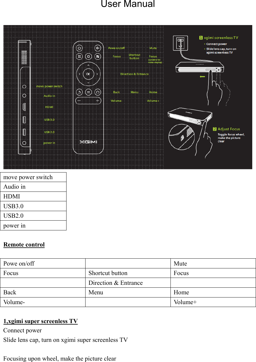 User Manual   move power switch Audio in HDMI USB3.0 USB2.0 power in    Remote control  Powe on/off    Mute Focus    Shortcut button  Focus   Direction &amp; Entrance   Back  Menu  Home Vo l u m e -     Vo l u m e +   1,xgimi super screenless TV Connect power Slide lens cap, turn on xgimi super screenless TV  Focusing upon wheel, make the picture clear  