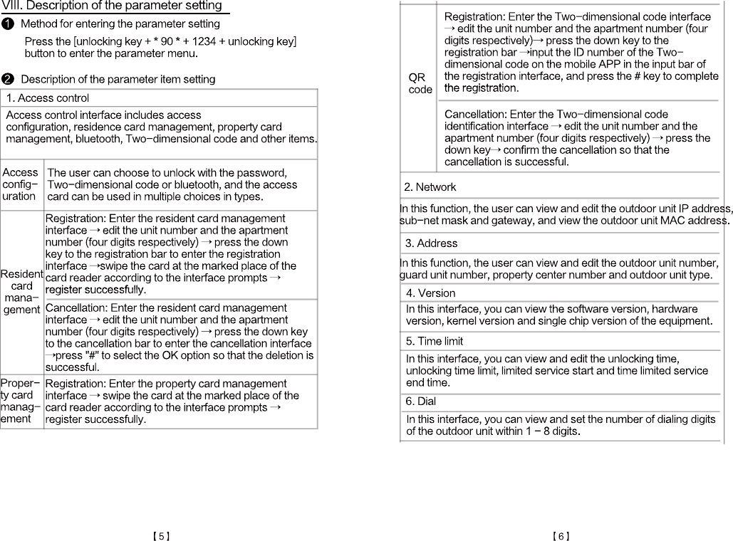 Registration: Enter the property card management interface &rarr; swipe the card at the marked place of the card reader according to the interface prompts &rarr; register successfully.Proper-ty cardmanag-ementCancellation: Enter the resident card managementinterface &rarr; edit the unit number and the apartmentnumber (four digits respectively) &rarr; press the down keyto the cancellation bar to enter the cancellation interface&rarr;press "#" to select the OK option so that the deletion issuccessful.Registration: Enter the resident card management interface &rarr; edit the unit number and the apartment number (four digits respectively) &rarr; press the down key to the registration bar to enter the registration interface &rarr;swipe the card at the marked place of the card reader according to the interface prompts &rarr;register successfully.register successfully.Residentcardmana-gementThe user can choose to unlock with the password,Two-dimensional code or bluetooth, and the accesscard can be used in multiple choices in types.Accessconfig-urationAccess control interface includes access configuration, residence card management, property card management, bluetooth, Two-dimensional code and other items.1. Access controlDescription of the parameter item setting2Press the [unlocking key + * 90 * + 1234 + unlocking key] button to enter the parameter menu.Method for entering the parameter setting1VIII. Description of the parameter settingIn this interface, you can view and set the number of dialing digits of the outdoor unit within 1 - 8 digits.6. DialIn this interface, you can view and edit the unlocking time, unlocking time limit, limited service start and time limited serviceend time.5. Time limitIn this interface, you can view the software version, hardware version, kernel version and single chip version of the equipment.4. VersionIn this function, the user can view and edit the outdoor unit number,guard unit number, property center number and outdoor unit type.3. AddressIn this function, the user can view and edit the outdoor unit IP address,sub-net mask and gateway, and view the outdoor unit MAC address.2. NetworkCancellation: Enter the Two-dimensional code identification interface &rarr; edit the unit number and the apartment number (four digits respectively) &rarr; press the down key&rarr; confirm the cancellation so that the cancellation is successful.Registration: Enter the Two-dimensional code interface &rarr; edit the unit number and the apartment number (four digits respectively)&rarr; press the down key to the registration bar &rarr;input the ID number of the Two-dimensional code on the mobile APP in the input bar of the registration interface, and press the # key to complete the registration.the registration.QRcode【5】【6】
