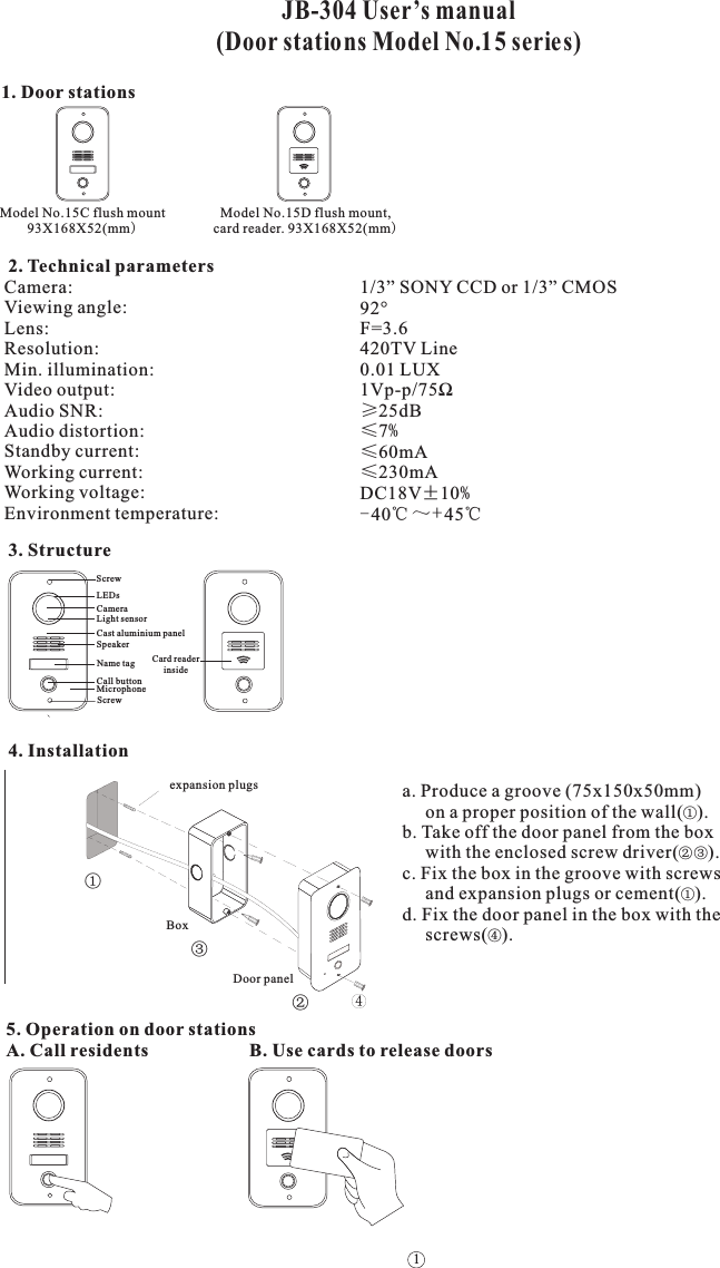 Model No.15C flush mount93X168X52(mm)Model No.15D flush mount,card reader. 93X168X52(mm)1. Door stationsUser&rsquo;s manual (Door stations  )JB-304 Model No.15 serie s2. Technical parameters3. Structure4. InstallationCamera:Viewing angle:Lens:Resolution:Min. illumination:Video output:Audio SNR:Audio distortion:Standby current:Working current:Working voltage:Environment temperature:1/3&rdquo; SONY CCD or 1/3&rdquo; CMOS92&deg;F=3.6420TV Line0.01 LUX1Vp-p/75Ω&ge;25dB&le;7%&le;60mA&le;230mADC18V&plusmn;10%-40℃～+45℃LEDsCameraLight sensorCast aluminium panelSpeakerName tagCall buttonMicrophoneScrewScrewCard readerinsidea. Produce a groove        on a proper position of the wall( ).b. Take off the door panel from the box     with the enclosed screw driver( ).c. Fix the box in the groove with screws     and expansion plugs or cement( ).d. Fix the door panel in the box with the      screws( ).(75x150x50mm)①②③①④Door panelBoxexpansion plugs②①③B. Use cards to release doors5. Operation on door stationsA. Call residents1
