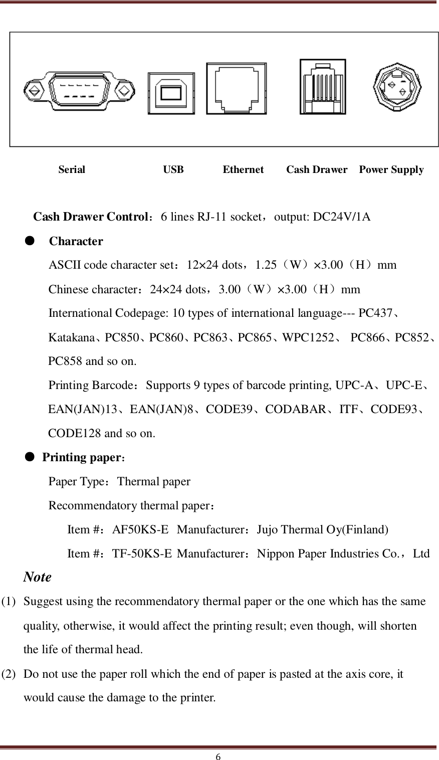  6                Serial                            USB              Ethernet        Cash Drawer    Power Supply                                Cash Drawer Control：6 lines RJ-11 socket，output: DC24V/1A ●   Character ASCII code character set：12×24 dots，1.25（W）×3.00（H）mm Chinese character：24×24 dots，3.00（W）×3.00（H）mm International Codepage: 10 types of international language--- PC437、Katakana、PC850、PC860、PC863、PC865、WPC1252、  PC866、PC852、PC858 and so on. Printing Barcode：Supports 9 types of barcode printing, UPC-A、UPC-E、EAN(JAN)13、EAN(JAN)8、CODE39、CODABAR、ITF、CODE93、CODE128 and so on. ● Printing paper： Paper Type：Thermal paper Recommendatory thermal paper： Item #：AF50KS-E  Manufacturer：Jujo Thermal Oy(Finland) Item #：TF-50KS-E  Manufacturer：Nippon Paper Industries Co.，Ltd  Note (1) Suggest using the recommendatory thermal paper or the one which has the same quality, otherwise, it would affect the printing result; even though, will shorten the life of thermal head. (2) Do not use the paper roll which the end of paper is pasted at the axis core, it would cause the damage to the printer. 