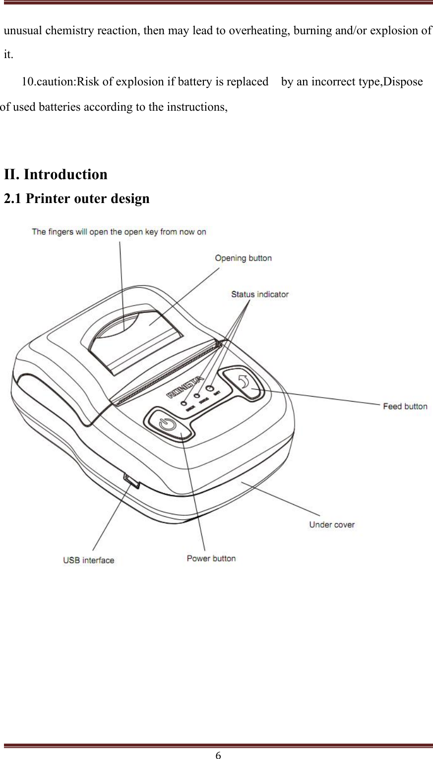 6unusual chemistry reaction, then may lead to overheating, burning and/or explosion ofit.II. Introduction2.1 Printer outer design10.caution:Risk of explosion if battery is replaced by an incorrect type,Disposeof used batteries according to the instructions,