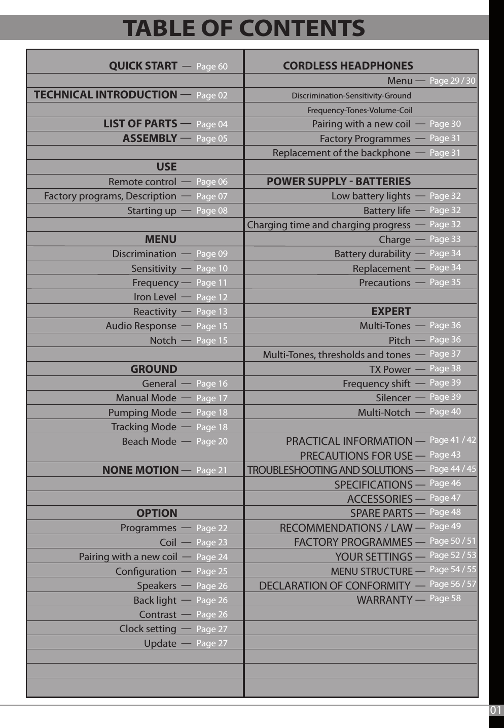 Page 60Page 02Page 04  Page 05Page 06Page 07Page 08Page 09Page 10Page 11Page 12Page 13Page 15Page 15Page 16Page 17Page 18Page 18Page 20Page 21Page 22Page 23Page 24Page 25Page 26Page 26Page 26Page 27Page 2701    CORDLESS HEADPHONES     Menu —Discrimination-Sensitivity-Ground        Frequency-Tones-Volume-Coil       Pairing with a new coil  —Factory Programmes  —Replacement of the backphone  —POWER SUPPLY - BATTERIES      Low battery lights  —Battery life  —Charging time and charging progress  —Charge  —  Battery durability  —Replacement  —Precautions  —EXPERT      Multi-Tones  —Pitch  —Multi-Tones, thresholds and tones  —TX Power  —Frequency shift  —Silencer  —Multi-Notch  —Page 29 / 30Page 30Page 31Page 31Page 32Page 32Page 32Page 33Page 34Page 34Page 35 Page 36Page 36Page 37Page 38Page 39Page 39Page 40Page 41 / 42Page 43Page 44 / 45Page 46Page 47Page 48Page 49Page 50 / 51Page 52 / 53Page 54 / 55Page 56 / 57Page 58QUICK START  —TECHNICAL INTRODUCTION —LIST OF PARTS —ASSEMBLY —USE          Remote control  —Factory programs, Description  —Starting up  — MENU      Discrimination  —Sensitivity  —Frequency —Iron Level  —Reactivity  —Audio Response  —Notch  —GROUND       General  —Manual Mode  —Pumping Mode  —Tracking Mode  —Beach Mode  —NONE MOTION —  OPTION       Programmes  —Coil  —Pairing with a new coil  —Conguration  —Speakers  —Back light  —Contrast  —Clock setting  —Update  —                    PRACTICAL INFORMATION —PRECAUTIONS FOR USE —TROUBLESHOOTING AND SOLUTIONS —SPECIFICATIONS —ACCESSORIES —SPARE PARTS —RECOMMENDATIONS / LAW —FACTORY PROGRAMMES —YOUR SETTINGS —MENU STRUCTURE —DECLARATION OF CONFORMITY  —WARRANTY —TABLE OF CONTENTS