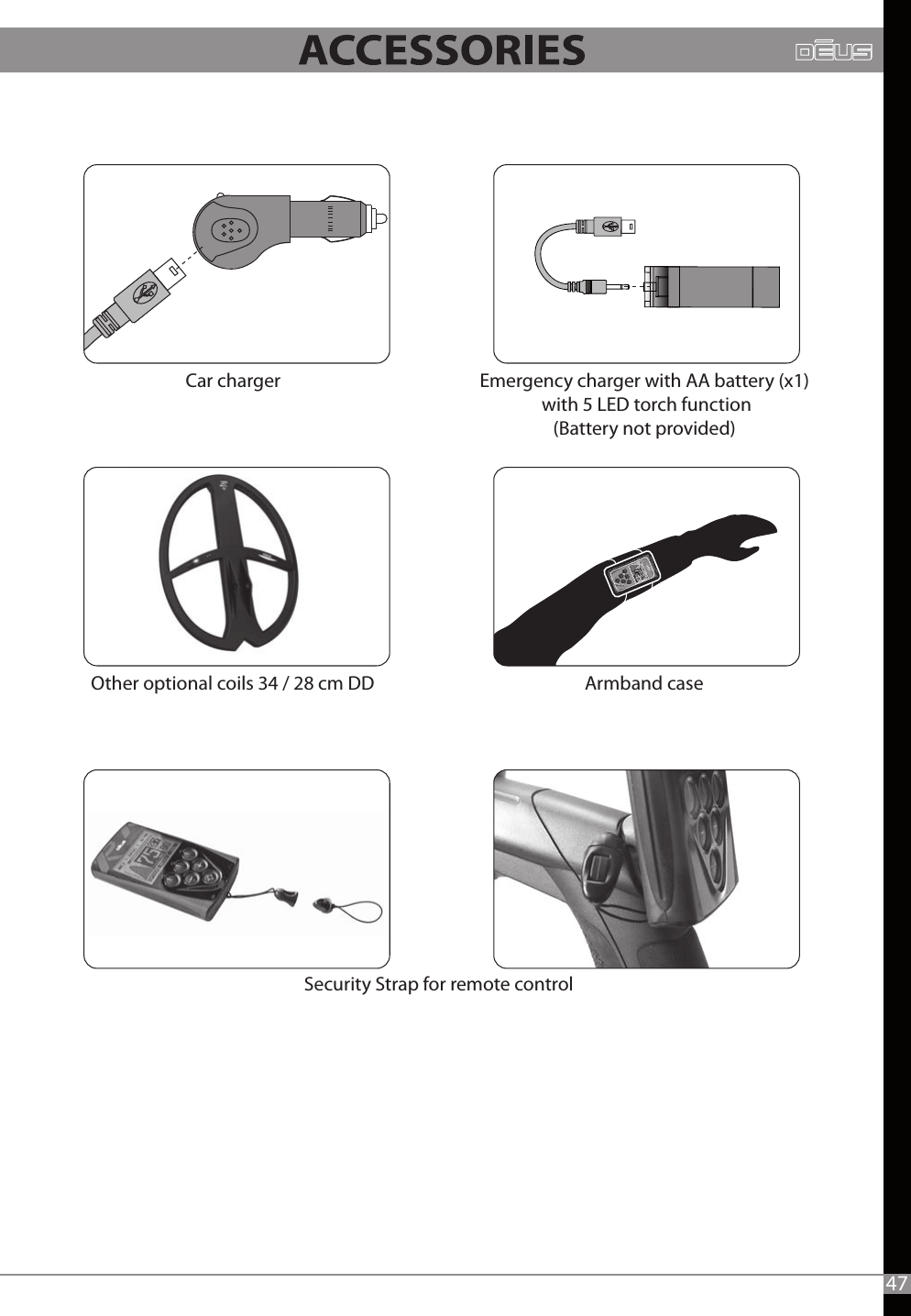 Emergency charger with AA battery (x1) with 5 LED torch function(Battery not provided) Car chargerOther optional coils 34 / 28 cm DD  47Security Strap for remote control  Armband case MENU G.B.OPTION