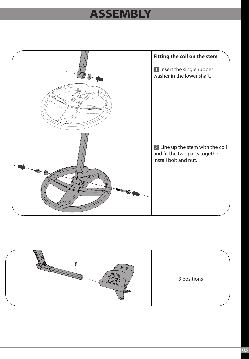 053 positionsFitting the coil on the stem         Insert the single rubber washer in the lower shaft.      Line up the stem with the coil and t the two parts together.Install bolt and nut. 