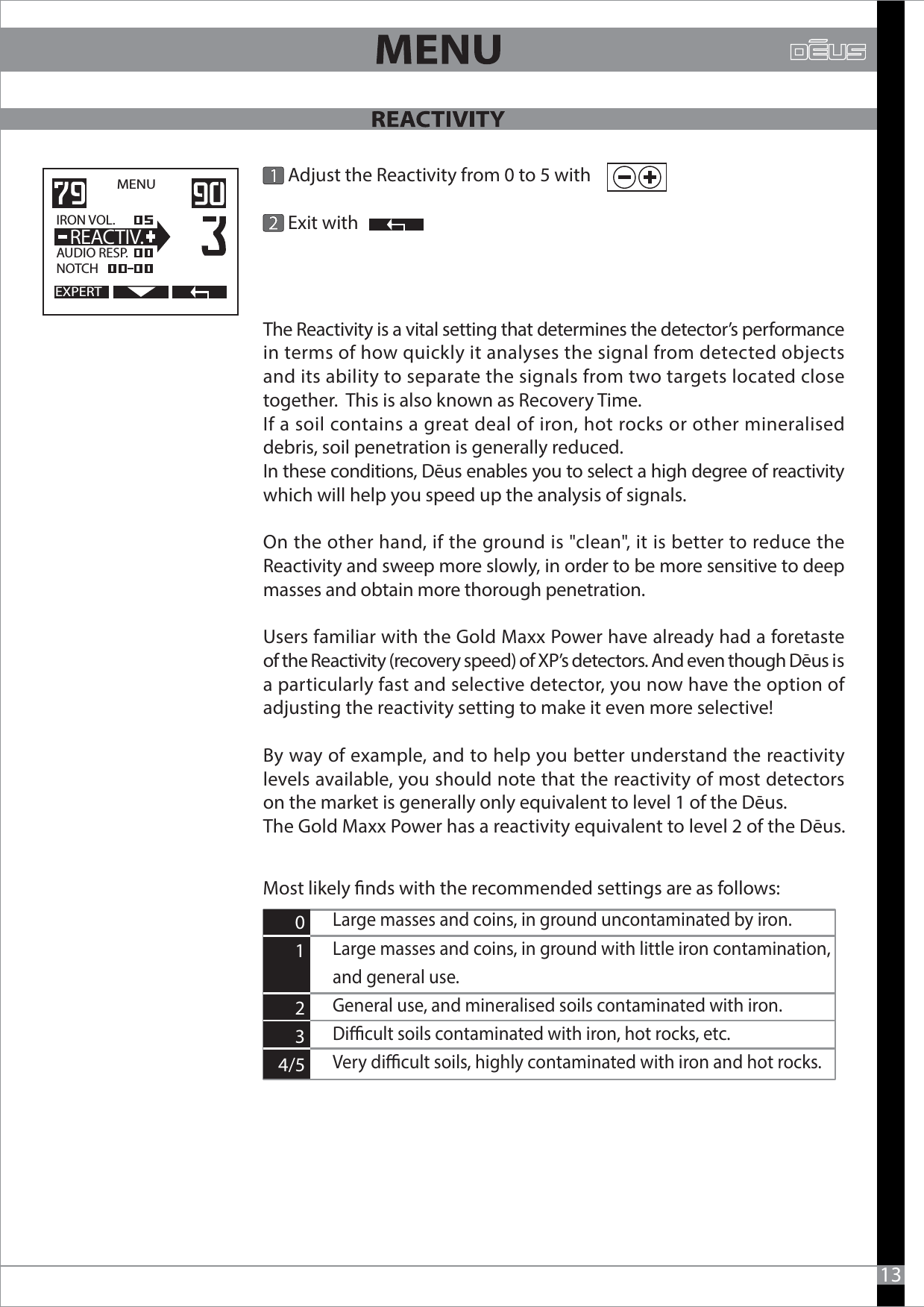       Adjust the Reactivity from 0 to 5 with       Exit withEXPERTMENU   IRON VOL.                  AUDIO RESP.NOTCH  REACTIV.Large masses and coins, in ground uncontaminated by iron.Large masses and coins, in ground with little iron contamination, and general use.General use, and mineralised soils contaminated with iron.Dicult soils contaminated with iron, hot rocks, etc. Very dicult soils, highly contaminated with iron and hot rocks.      0     1     2     3 4/5Most likely nds with the recommended settings are as follows:13The Reactivity is a vital setting that determines the detector’s performance in terms of how quickly it analyses the signal from detected objects and its ability to separate the signals from two targets located close together.  This is also known as Recovery Time.If a soil contains a great deal of iron, hot rocks or other mineralised debris, soil penetration is generally reduced.In these conditions, Dēus enables you to select a high degree of reactivity which will help you speed up the analysis of signals.On the other hand, if the ground is &quot;clean&quot;, it is better to reduce the Reactivity and sweep more slowly, in order to be more sensitive to deep masses and obtain more thorough penetration. Users familiar with the Gold Maxx Power have already had a foretaste of the Reactivity (recovery speed) of XP’s detectors. And even though Dēus is a particularly fast and selective detector, you now have the option of adjusting the reactivity setting to make it even more selective! By way of example, and to help you better understand the reactivity levels available, you should note that the reactivity of most detectors on the market is generally only equivalent to level 1 of the Dēus. The Gold Maxx Power has a reactivity equivalent to level 2 of the Dēus.