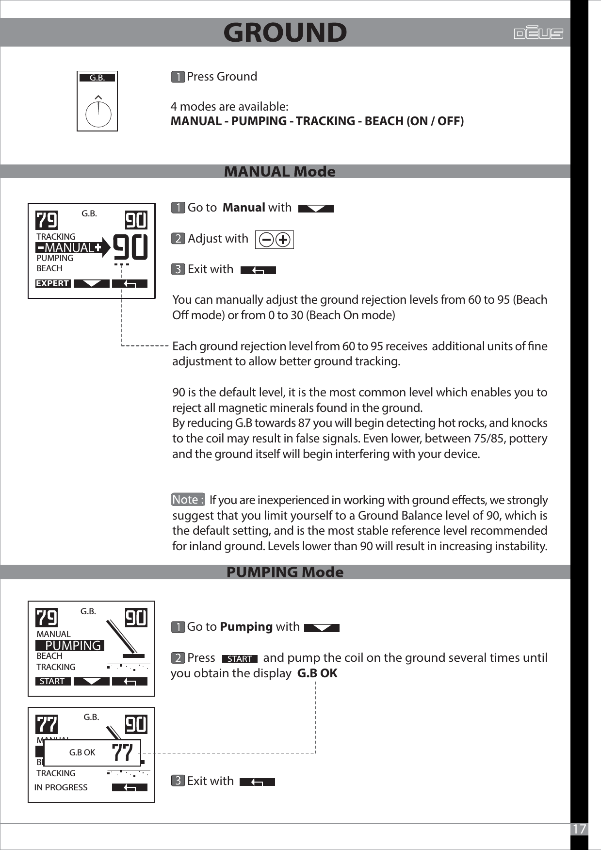 You can manually adjust the ground rejection levels from 60 to 95 (Beach O mode) or from 0 to 30 (Beach On mode)Each ground rejection level from 60 to 95 receives  additional units of ne adjustment to allow better ground tracking. 90 is the default level, it is the most common level which enables you to reject all magnetic minerals found in the ground.By reducing G.B towards 87 you will begin detecting hot rocks, and knocks to the coil may result in false signals. Even lower, between 75/85, pottery and the ground itself will begin interfering with your device.                               If you are inexperienced in working with ground eects, we strongly suggest that you limit yourself to a Ground Balance level of 90, which is the default setting, and is the most stable reference level recommended for inland ground. Levels lower than 90 will result in increasing instability.      Go to Pumping with       Press                and pump the coil on the ground several times until you obtain the display  G.B OK                       Exit withG.B.  TRACKING                  PUMPINGBEACH  MANUALSTART      Go to  Manual with       Adjust with                                Exit withG.B.   MANUAL                  BEACHTRACKING  PUMPINGSTARTG.B.MANUAL                  BEACHTRACKINGIN PROGRESS  G.B OK                            Press Ground4 modes are available:MANUAL - PUMPING - TRACKING - BEACH (ON / OFF)      G.B.17EXPERT