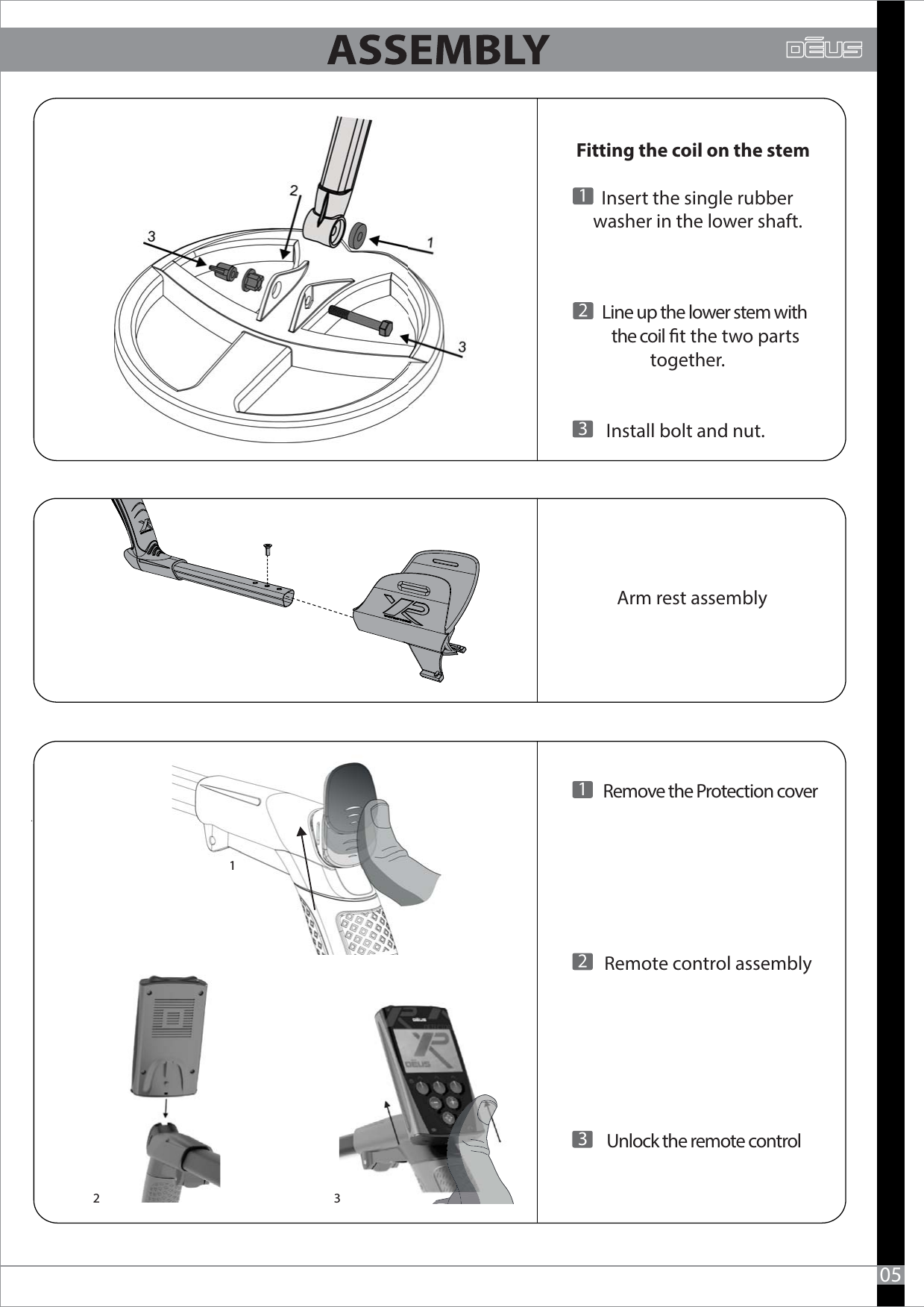 105Fitting the coil on the stem         Insert the single rubber     washer in the lower shaft.         Line up the lower stem with             the coil t the two parts together.         Install bolt and nut. Arm rest assembly     Remote control assembly     323Remove the Protection cover Unlock the remote control3