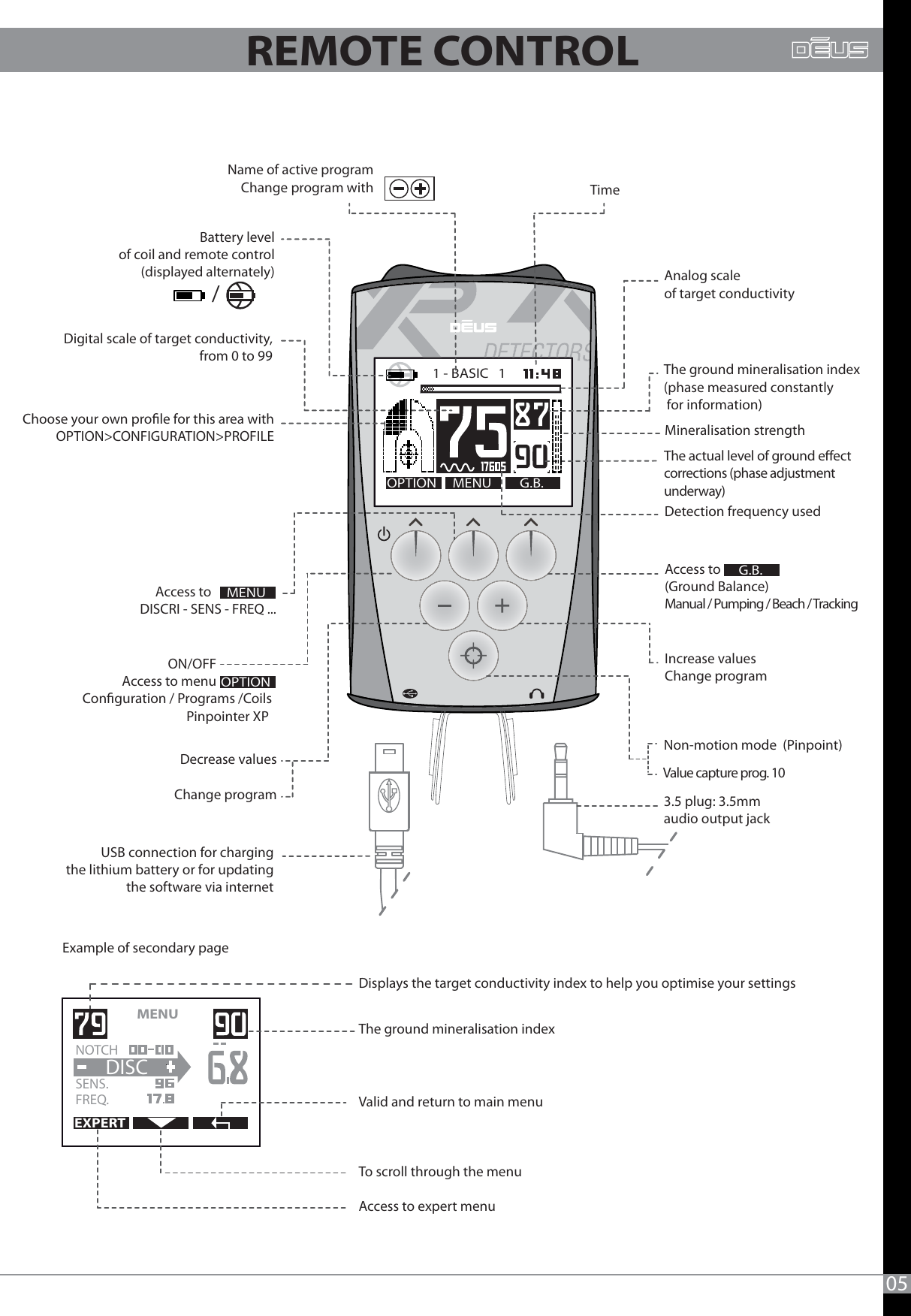 05Access to                    (Ground Balance)  Manual / Pumping / Beach / Tracking ON/OFF                   Access to menu                   Conguration / Programs /Coils Pinpointer XP  Decrease valuesChange programUSB connection for charging the lithium battery or for updating the software via internet Increase valuesChange programNon-motion mode  (Pinpoint)3.5 plug: 3.5mm audio output jackMENUMENUG.B.OPTIONOPTION1 - BASIC   1   Battery levelof coil and remote control(displayed alternately)Name of active programChange program with TimeAnalog scale of target conductivity Digital scale of target conductivity, from 0 to 99 Detection frequency used The ground mineralisation index (phase measured constantly  for information)   The actual level of ground eect corrections (phase adjustment underway)Choose your own prole for this area withOPTION&gt;CONFIGURATION&gt;PROFILEG.B.Displays the target conductivity index to help you optimise your settingsThe ground mineralisation index Valid and return to main menuTo scroll through the menuAccess to expert menu     Access toDISCRI - SENS - FREQ .../Example of secondary pageMineralisation strengthValue capture prog. 10MENU   EXPERTNOTCH   SENS.   FREQ.DISCREMOTE CONTROL