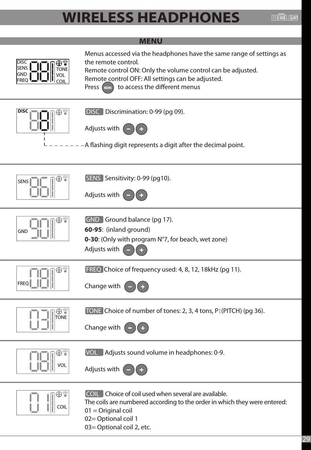 Menus accessed via the headphones have the same range of settings as the remote control.Remote control ON: Only the volume control can be adjusted.Remote control OFF: All settings can be adjusted.Press             to access the dierent menus  DISC    Discrimination: 0-99 (pg 09).Adjusts with A ashing digit represents a digit after the decimal point.    SENS   Sensitivity: 0-99 (pg10). Adjusts with  FREQ Choice of frequency used: 4, 8, 12, 18kHz (pg 11).Change with  TONE  Choice of number of tones: 2, 3, 4 tons, P  (PITCH) (pg 36).Change with VOL     Adjusts sound volume in headphones: 0-9.Adjusts with COIL    Choice of coil used when several are available.The coils are numbered according to the order in which they were entered: 01 = Original coil02= Optional coil 1   03= Optional coil 2, etc.FREQDISCSENSGNDFREQTONEVOLCOILSENSCOILGNDTONEVOL29 GND    Ground balance (pg 17).60-95:  (inland ground)0-30: (Only with program N°7, for beach, wet zone) Adjusts with