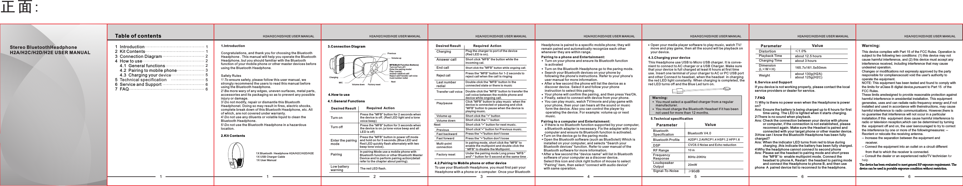 Reject callPress the &rdquo;MFB&rdquo; buttonfor 1-2 secondstorejectcallwhenthecallisringingAnswer call Last number redialDouble click the &rdquo;MFB&rdquo; button In the connected state or there is musicDesired Result Required ActionVolume upTransfer call voicePlay/pauseNextShort click the &rdquo;+&rdquo; buttonDouble click the &rdquo;MFB&rdquo; button to transfer the call voice between the mobile phone and device while ongoing call.Click &rdquo;MFB&rdquo; button to play music  when the device is connected or pausing and click &rdquo;MFB&rdquo; button to pause when the device is playing music.Short click &ldquo;>&rdquo; button for next music.Charging Plug the charger to port of the device(Red LED is on).正面:Table of contents1   Introduction2   Kit Contents3   Connection Diagram4   How to use    4.1   General functions    4.2   Pairing to mobile phone    4.3   Charging your device5   Technical specification6   Service and Support7   FAQ1112223566513.Connection Diagram2 36.Service and SupportIf you device is not working properly, please contact the local service providers or dealer for service.7. FAQ1\ Why is there no power even when the Headphone is power on?Ans: Ensure the battery is being charged up to 6 hours for first          time using. The LED is lighted when it starts charging.2\There is no sound when playback.Ans: Check the connection between your device with phone          or computer, if the connection is not established, please          reconnect again. Make sure the Headset is paired and          connected with your target phone or other master device.3\How can I know the Bluetooth Headphone has been fully charged?Ans: When the indicator LED turns from red to blue during          charging ,this indicate the battery has been fully charged.4\Why the headphone cannot connect to second phoneAns: Please set the headset to pairing mode and short press          the &ldquo;MFB&rdquo; to  enable multipoint mode. Connect the          headset to phone A, Restart  the headset to pairing mode          and connect the Headphone to phone B, and then use phone  A  paired device list to reconnect to the headphone.You must select a qualified charger from a regular manufacturer.You must charge the Bluetooth Headset if it has been not used for more than 12 months.Warning:Stereo BluetoothHeadphoneH2A/H2C/H2D/H2E USER MANUAL1. IntroductionCongratulations, and thank you for choosing the Bluetooth Headphone . This manual will help you operate the Bluetooth Headphone, but you should familiar with theBluetooth function of your mobile phone or other master devices before using the Bluetooth Headphone.Safety Rules1\To ensure safety, please follow this user manual, westrongly recommend the users to read this manual before using the Bluetooth headphone.2\Be more wary of any edges, uneven surfaces, metalparts, accessories and its packaging so as to prevent any possible injury or damage.3\Do not modify, repair or dismantle this BluetoothHeadphonet. Doing so may result in fires, electric shocks,complete break down of this Bluetooth Headphone, etc. Allof which, are not covered under warranty.4\Do not use any diluents or volatile liquid to clean theBluetooth Headphone.5\Do not use the Bluetooth Headphone in a hazardouslocation.2.Kit Contents1X Bluetooth  Headphone H2A/H2C/H2D/H2E1X USB Charger Cable1X User Manual    Turn on the Bluetooth Headphone go to the paring mode.    Search your Bluetooth devices on your phone by    following the phone's instructions. Refer to your phone's     user manual for more information.    After a few second the phone will list the device as a     discover device. Select it and follow your phone     instruction to select this pairing.Your phone will confirm the pairing, and then press Yes/Ok.        Finally, select to connect with device from your phone.    You can play music, watch TV/movie and play game with     your phone, then your can hears all the sound or music     form the device. Also you can control the player by      operating the device. For example: volume up or next      music.44.3. Charging your deviceThis Headphone use USB to Micro USB charger. It is conve-nient to connect to AC charger or a USB Charger. Make sure that your device is full charged at least 6 hours at first time use. Insert one terminal of your charger to AC or PC USB port and other Connect to headset, when the headset  in charging the red LED light constantly. When charging is completed, the red LED turns off and the Blue Led turn on.56Parameter ValueCharging Time about 3 hoursDimension (L&times;W&times;H)Weight about 130g(H2A)about 125g(H2C)Playback Time about 12.5 hoursDistortion &le;1.0% End call Short clickthe &rdquo;MFB&rdquo; buttonwhileongoingcall.Low battery warning The red LED flash.4.How to use4.1. General FunctionsTurn on Turn offEnter the pairing modeDesired Result Required ActionPress the &rdquo;MFB&rdquo; button for 3 seconds when the device is on.(a tone voice beep and all LED is off)Press the &rdquo;MFB&rdquo; button in power off mode and hold on for 5 seconds.(Blue LED and Red LED quickly flash alternately with two beep tone voice).4.2. Pairing to Mobile phone or other deviceHeadphoneispaired to a specific mobile phone; they will remain paired and automatically recognize each other whenever they are within range.Pairing to a phone and Entertainment:    Turn on your phone and ensure its Bluetooth function     is activatedPairing to a computer and Entertainment:    If there is no Bluetooth function supported by your computer,     a Bluetooth adapter is necessary. Fix the adapter with your     computer and ensure its Bluetooth function is activated.   Turn on the device go to the paring mode.   Open the Bluetooth software (such as BlueSoleil) Which is    installed on your computer, and selects &ldquo;Search your    Bluetooth devices&rdquo; function. Refer to user manual of the    Bluetooth software for more information.   After a few second the &ldquo;device name&rdquo; will list in Bluetooth    software of your computer as a discover device.   Select this icon and click right button of mouse to select    &ldquo;Pairing&rdquo; item, then select &ldquo;connect with audio device&rdquo;   with same operation.    Open your media player software to play music, watch TV/    move and play game, then all the sound will be playback on     your device.5.Technical specificationBluetooth Specification Bluetooth Profile Parameter Value80Hz-20KHzRF Range&ge;90dBFrequency Response Loudspeaker Output 20mWSignal-To-Noise10 mH2A/H2C/H2D/H2E USER MANUAL H2A/H2C/H2D/H2E USER MANUAL H2A/H2C/H2D/H2E USER MANUAL H2A/H2C/H2D/H2E USER MANUAL H2A/H2C/H2D/H2E USER MANUAL H2A/H2C/H2D/H2E USER MANUAL165.7x161.5x50mmNextCharg ing Previ ousPress the &rdquo;MFB&rdquo; button for 2 seconds whenthe device is off. (Red LED light and a tone voice beep)Pairing  In pairing Mode use a mobile phone with Bluetooth function or other Bluetooth Master Device and to perform pairing action(detail refer to the chapter about pairing).Short click &rdquo;MFB&rdquo; the button while the incoming cal.PreviousFast backwardFast forwardShort click&ldquo;<&rdquo; button for Previous music.Press the &ldquo;<&rdquo;button don't loosePress the &ldquo;>&rdquo;button don't looseMulti-point connectionIn pairing mode, short click the &ldquo;MFB&rdquo; to enable the multipoint and double click the &ldquo; MFB&rdquo; to disable the Multipoint.Volume down Short click the &rdquo;-&rdquo; buttonA2DP1.2 AVRCP1.4 HSP1.2 HFP1.6DSP CVC6.0 Noise and Echo reduction Bluetooth V4.0MICMFB(M ulti Function B uttons)Tur n on/Tur n off /Enter t he pairing mode /Play / pa use/Answe r call/End call /Rejec t call/Tran sfer call vo ice/Last n umber redialVolume d ownVolume u pFactory reset Under the pairing mode Long press &ldquo;MFB &rdquo; and&rdquo;-&rdquo; button for 5 second at the same time .To use your Bluetooth Headphone,youmustfirstpairyourHeadphonewithaphoneoracomputer.OnceyourBluetooth Facto ry reset6H2A/H2C/H2D/H2E USER MANUALWarning: This device complies with Part 15 of the FCC Rules. Operation is subject to the following two conditions: (1) this device may not cause harmful interference, and (2) this device must accept any interference received, including interference that may cause undesired operation.Changes or modifications not expressly approved by the party responsible for compliancecould void the user's authority to operate the equipment.NOTE: This equipment has been tested and found to comply with the limits for aClass B digital device,pursuant to Part 15  of the FCC Rules. These limits aredesigned to provide reasonable protection against harmful interference in aresidential installation. This equipment generates, uses and can radiate radio frequency energy and,if not installed and used in accordance with theinstructions, may cause harmful interference to radio communications. However,there is no guarantee that interference will not occur in a particular installation.If this  equipment does cause harmful interference to radio or television reception,which can be determined by turning the  equipment off and on, the user isencouraged to try to correct  the interference by one or more of the followingmeasures: -- Reorient or relocate the receiving antenna.-- Increase the separation between the equipment and     receiver.-- Connect the equipment into an outlet on a circuit different    from that to which the receiver is connected.-- Consult the dealer or an experienced radio/TV technician for help    The device has been evaluated to meet general RF exposure requirement. The device can be used in portable exposure condition without restriction. 