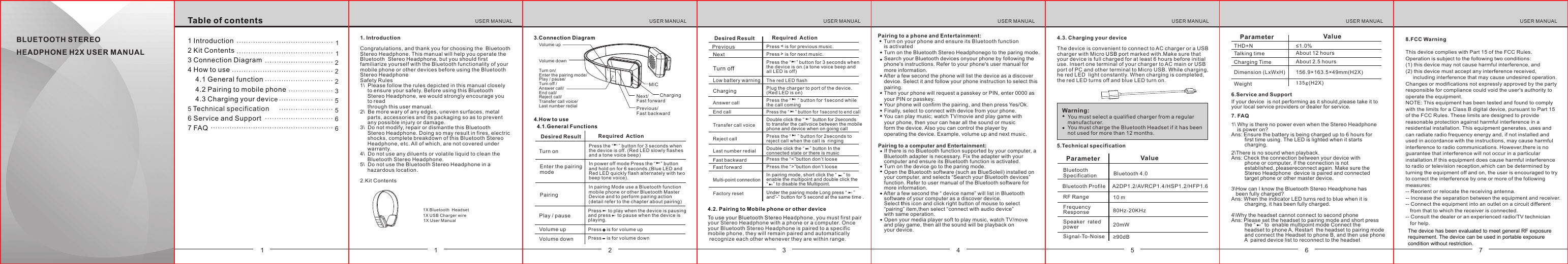 Low battery warningThe red LED flashVolume downTurn off Press the &ldquo;    &rdquo; button for 3 seconds when the device is on.(a tone voice beep and all LED is off)Charging Plug the charger to port of the device.(Red LED is on)Press    is for volume downDesired Result Required ActionTransfer call voiceAnswer callEnd callReject callDouble click the &ldquo;    &rdquo; button for 2seconds to transfer the callvoice between the mobile phone and device when on going callPress the &ldquo;     &rdquo; button for 1second while the call comingPress the &ldquo;     &rdquo; button for 1second to end callPress the &ldquo;     &rdquo; button for 2seconds to reject call when the call is  ringingPrevious NextPress    is for previous music.Press    is for next music.Table of contents1 Introduction2 Kit Contents3 Connection Diagram4 How to use    4.1 General function    4.2 Pairing to mobile phone    4.3 Charging your device5 Technical specification6 Service and Support7 FAQ1112223566513.Connection Diagram6.Service and SupportYou must select a qualified charger from a regular manufacturer.You must charge the Bluetooth Headset if it has been not used for more than 12 months.Warning:BLUETOOTH STEREO HEADPHONE H2X USER MANUAL1. Introduction Congratulations, and thank you for choosing the  Bluetooth Stereo Headphone. This manual will help you operate the Bluetooth  Stereo Headphone, but you should first familiarize yourself with the Bluetooth functionality of your mobile phone or other devices before using the Bluetooth Stereo HeadphoneSafety Rules1\  Please follow the rules depicted in this manual closely      to ensure your safety. Before using this Bluetooth      Stereo Headphone, we would strongly encourage you      to read      through this user manual.2\  Be more wary of any edges, uneven surfaces, metal      parts, accessories and its packaging so as to prevent      any possible injury or damage.3\  Do not modify, repair or dismantle this Bluetooth      Stereo Headphone. Doing so may result in fires, electric      shocks, complete breakdown of this Bluetooth Stereo      Headphone, etc. All of which, are not covered under      warranty.4\  Do not use any diluents or volatile liquid to clean the      Bluetooth Stereo Headphone.5\  Do not use the Bluetooth Stereo Headphone in a      hazardous location.2.Kit Contents 1X Bluetooth  Headset1X USB Charger wire1X User Manual    Turn on the Bluetooth Stereo Headphonego to the paring mode.    Search your Bluetooth devices onyour phone by following the     phone's instructions. Refer to your phone's user manual for     more information.    After a few second the phone will list the device as a discover     device. Select it and follow your phone instruction to select this     pairing.    Then your phone will request a passkey or PIN, enter 0000 as     your PIN or passkey.    Your phone will confirm the pairing, and then press Yes/Ok.    Finally, select to connect with device from your phone.     You can play music; watch TV/movie and play game with    your phone, then your can hear all the sound or music     form the device. Also you can control the player by     operating the device. Example, volume up and next music. 44.3. Charging your deviceThe device is convenient to connect to AC charger or a USB charger with Micro USB port marked with.Make sure that your device is full charged for at least 6 hours before initial use. Insert one terminal of your charger to AC main or USB port of PC and other terminal to Micro USB. While charging,he red LED  light constantly. When charging is completed, the red LED turns off and blue LED turn on.    5 6Parameter ValueCharging Time About 2.5 hoursDimension (LxWxH)WeightTalking time  About 12 hoursTHD+N  &le;1.0% Play / pausePress     to play when the device is pausing and press     to pause when the device is playing.Volume up Press    is for volume up4.How to use4.1.General FunctionsTurn on Enter the pairing modePairing Desired Result Required ActionPress the &ldquo;    &rdquo; button for 3 seconds when the device is off. (Red LED slowly flashes and a tone voice beep)In power off mode Press the &ldquo;    &rdquo; button and hold on for 6 seconds.(Blue LED and Red LED quickly flash alternately with two beep tone voice).In pairing Mode use a Bluetooth function mobile phone or other Bluetooth Master Device and to perform pairing action (detail refer to the chapter about pairing)Pairing to a phone and Entertainment:    Turn on your phone and ensure its Bluetooth function     is activatedPairing to a computer and Entertainment:    If there is no Bluetooth function supported by your computer, a     Bluetooth adapter is necessary. Fix the adapter with your     computer and ensure its Bluetooth function is activated.    Turn on the device go to the paring mode.    Open the Bluetooth software (such as BlueSoleil) installed on     your computer, and selects &ldquo;Search your Bluetooth devices&rdquo;     function. Refer to user manual of the Bluetooth software for     more information.    After a few second the &ldquo; device name&rdquo; will list in Bluetooth     software of your computer as a discover device.     Select this icon and click right button of mouse to select     &ldquo;pairing&rdquo; item,then select &ldquo;connect with audio device&rdquo;     with same operation.     Open your media player soft to play music, watch TV/move     and play game, then all the sound will be playback on     your device. 5.Technical specificationBluetooth Specification Bluetooth Profile Parameter Value80Hz-20KHzRF Range&ge;90dBFrequency Response Speaker  rated power  20mWSignal-To-Noise10 mUSER MANUAL USER MANUAL USER MANUAL USER MANUAL USER MANUAL USER MANUALBluetooth 4.0A2DP1.2/AVRCP1.4/HSP1.2/HFP1.6To use your Bluetooth Stereo Headphone, you must first pair your Stereo Headphone with a phone or a computer. Once your Bluetooth Stereo Headphone is paired to a specific mobile phone, they will remain paired and automatically recognize each other whenever they are within range.4.2. Pairing to Mobile phone or other deviceLast number redial       Fast backward     Fast forward          Multi-point connectionFactory resetDouble click the &ldquo;    &rdquo; button In the connected state or there is musicPress the &ldquo;<&rdquo;button don&rsquo;t loose Press the &ldquo;>&rdquo;button don&rsquo;t looseIn pairing mode, short click the &ldquo;     &rdquo; to enable the multipoint and double click the &ldquo;    &rdquo; to disable the Multipoint.Under the pairing mode Long press &ldquo;     &rdquo; and&rdquo;-&rdquo; button for 5 second at the same time .4\Why the headset cannot connect to second phoneAns: Please set the headset to pairing mode and short press          the &ldquo;    &rdquo; to  enable multipoint mode Connect the          headset to phone A, Restart  the headset to pairing mode          and connect the Headset to phone B, and then use phone          A  paired device list to reconnect to the headset1\ Why is there no power even when the Stereo Headphone     is power on?Ans: Ensure the battery is being charged up to 6 hours for          first time using. The LED is lighted when it starts          charging.If your device  is not performing as it should,please take it to your local service providers or dealer for service.7. FAQ2\There is no sound when playback.Ans: Check the connection between your device with          phone or computer, if the connection is not          established, pleasereconnect again. Make sure the          Stereo Headphone  device is paired and connected          target phone or other master device.3\How can I know the Bluetooth Stereo Headphone has    been fully charged?Ans: When the indicator LED turns red to blue when it is          charging, it has been fully charged.135g(H2X)156.9&times;163.5&times;49mm(H2X)Turn on/Enter the pairing mode/Play / pause/Turn off /Answer call/End call/Reject call/Transfer call voice/Last number redialChargingVolume downVolume upMICPrevious/Fast backwardNext/Fast forward 2 3 7USER MANUAL8.FCC WarningThis device complies with Part 15 of the FCC Rules. Operation is subject to the following two conditions: (1) this device may not cause harmful interference, and (2) this device must accept any interference received,      including interference that may cause undesired operation.Changes or modifications not expressly approved by the party responsible for compliance could void the user's authority to operate the equipment.NOTE: This equipment has been tested and found to comply with the limits for a Class B digital device, pursuant to Part 15 of the FCC Rules. These limits are designed to provide reasonable protection against harmful interference in aresidential installation. This equipment generates, uses and can radiate radio frequency energy and, if not installed andused in accordance with the instructions, may cause harmful interference to radio communications. However,there is no guarantee that interference will not occur in a particular installation.If this equipment does cause harmful interference to radio or television reception,which can be determined by turning the equipment off and on, the user is encouraged to try to correct the interference by one or more of the followingmeasures:-- Reorient or relocate the receiving antenna.-- Increase the separation between the equipment and receiver.-- Connect the equipment into an outlet on a circuit different   from that to which the receiver is connected.-- Consult the dealer or an experienced radio/TV technician    for help.The device has been evaluated to meet general RF exposure requirement. The device can be used in portable exposure condition without restriction. 
