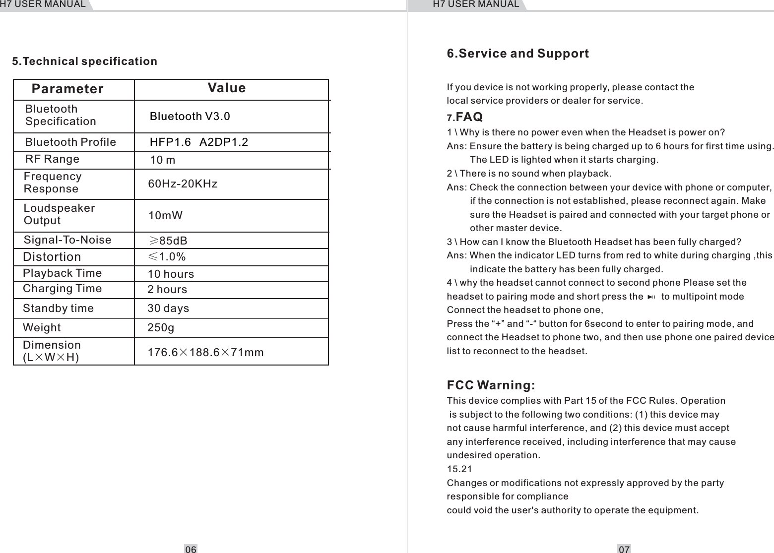 5.Technical specificationBluetooth Specification  Bluetooth V3.0Bluetooth Profile  HFP1.6   A2DP1.2Parameter ValueRF Range 10 mCharging Time 2 hoursStandby time  30 daysWeight 250gPlayback Time 10 hoursDistortion &le;1.0% &ge;85dBLoudspeaker Output 10mWSignal-To-NoiseDimension (L&times;W&times;H) 176.6&times;188.6&times;71mm60Hz-20KHzFrequency Response 6.Service and SupportIf you device is not working properly, please contact the local service providers or dealer for service.7.FAQ1 \ Why is there no power even when the Headset is power on?Ans: Ensure the battery is being charged up to 6 hours for first time using.          The LED is lighted when it starts charging.2 \ There is no sound when playback.Ans: Check the connection between your device with phone or computer,          if the connection is not established, please reconnect again. Make          sure the Headset is paired and connected with your target phone or          other master device.3 \ How can I know the Bluetooth Headset has been fully charged?Ans: When the indicator LED turns from red to white during charging ,this         indicate the battery has been fully charged.4 \ why the headset cannot connect to second phone Please set the headset to pairing mode and short press the       to multipoint mode Connect the headset to phone one,Press the &ldquo;+&rdquo; and &ldquo;-&ldquo; button for 6second to enter to pairing mode, and connect the Headset to phone two, and then use phone one paired device list to reconnect to the headset.H7 USER MANUAL H7 USER MANUAL06 07FCC Warning: This device complies with Part 15 of the FCC Rules. Operation is subject to the following two conditions: (1) this device may not cause harmful interference, and (2) this device must accept any interference received, including interference that may cause undesired operation.15.21Changes or modifications not expressly approved by the party responsible for compliancecould void the user's authority to operate the equipment.