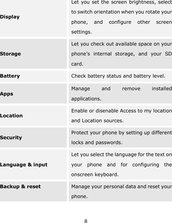 8 Display Let you set the screen brightness, select to switch orientation when you rotate your phone,  and  configure  other  screen settings. Storage Let you check out available space on your phone&rsquo;s  internal  storage,  and  your  SD card. Battery Check battery status and battery level. Apps Manage  and  remove  installed applications. Location Enable or disenable Access to my location and Location sources. Security Protect your phone by setting up different locks and passwords. Language &amp; input Let you select the language for the text on your  phone  and  for  configuring  the onscreen keyboard. Backup &amp; reset Manage your personal data and reset your phone. 