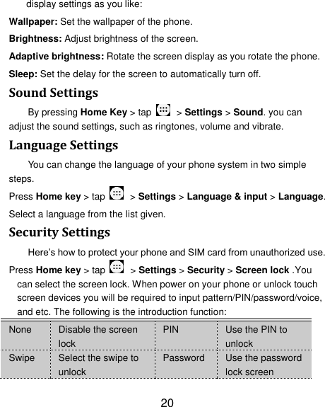 20 display settings as you like: Wallpaper: Set the wallpaper of the phone. Brightness: Adjust brightness of the screen. Adaptive brightness: Rotate the screen display as you rotate the phone. Sleep: Set the delay for the screen to automatically turn off. Sound Settings By pressing Home Key > tap    > Settings > Sound. you can adjust the sound settings, such as ringtones, volume and vibrate. Language Settings You can change the language of your phone system in two simple steps. Press Home key > tap    > Settings > Language &amp; input > Language. Select a language from the list given. Security Settings Here&rsquo;s how to protect your phone and SIM card from unauthorized use.   Press Home key > tap    > Settings > Security > Screen lock .You can select the screen lock. When power on your phone or unlock touch screen devices you will be required to input pattern/PIN/password/voice, and etc. The following is the introduction function: None Disable the screen lock PIN Use the PIN to unlock Swipe Select the swipe to unlock Password Use the password lock screen 