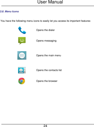 User Manual     24 3.8. Menu Icons You have the following menu icons to easily let you access its important features:  Opens the dialer  Opens messaging  Opens the main menu  Opens the contacts list  Opens the browser   