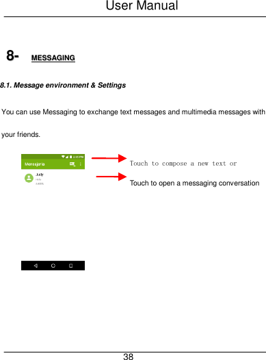 User Manual     38  88--  MMEESSSSAAGGIINNGG  8.1. Message environment &amp; Settings You can use Messaging to exchange text messages and multimedia messages with your friends.    Touch to compose a new text or multimedia message. Touch to open a messaging conversation 