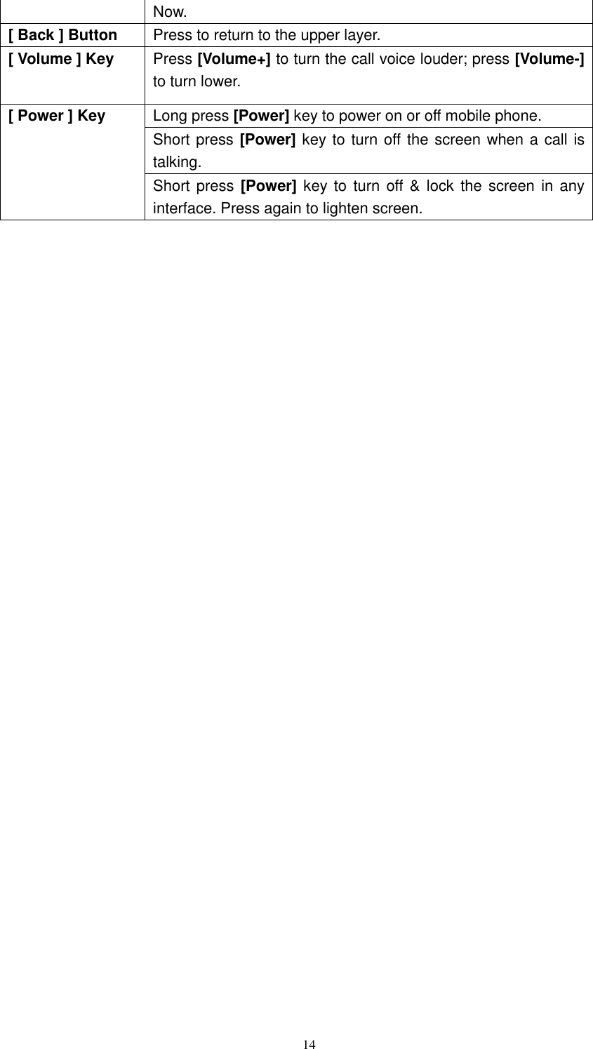   14 Now. [ Back ] Button Press to return to the upper layer. [ Volume ] Key Press [Volume+] to turn the call voice louder; press [Volume-] to turn lower. [ Power ] Key Long press [Power] key to power on or off mobile phone. Short press [Power] key to turn off the screen when a call is talking. Short press [Power] key to turn off &amp; lock the  screen in any interface. Press again to lighten screen.     
