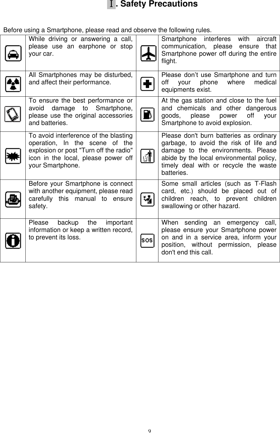   9 Ⅰ. Safety Precautions Before using a Smartphone, please read and observe the following rules.    While  driving  or  answering  a  call, please  use  an  earphone  or  stop your car.  Smartphone  interferes  with  aircraft communication,  please  ensure  that Smartphone power off during the entire flight.  All Smartphones may be disturbed, and affect their performance.  Please  don&rsquo;t  use  Smartphone  and  turn off  your  phone  where  medical equipments exist.    To ensure the best performance or avoid  damage  to  Smartphone, please use the original accessories and batteries.  At the gas station and close to the fuel and  chemicals  and  other  dangerous goods,  please  power  off  your Smartphone to avoid explosion.  To avoid interference of the blasting operation,  In  the  scene  of  the explosion or post "Turn off the radio" icon  in  the  local,  please  power  off your Smartphone.  Please don't  burn  batteries as  ordinary garbage,  to  avoid  the  risk  of  life  and damage  to  the  environments.  Please abide by the local environmental policy, timely  deal  with  or  recycle  the  waste batteries.  Before your Smartphone is connect with another equipment, please read carefully  this  manual  to  ensure safety.  Some  small  articles  (such  as  T-Flash card,  etc.)  should  be  placed  out  of children  reach,  to  prevent  children swallowing or other hazard.  Please  backup  the  important information or keep a written record, to prevent its loss.  When  sending  an  emergency  call, please ensure  your  Smartphone power on  and  in  a  service  area,  inform  your position,  without  permission,  please don't end this call.            