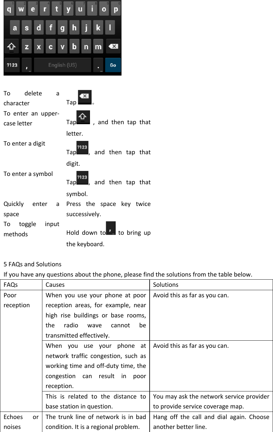 To  delete  a characterTap  。To  enter  an  upper-case letter Tap   ,  and  then  tap  that letter.To enter a digitTap ,  and  then  tap  that digit.To enter a symbolTap ,  and  then  tap  that symbol.Quickly  enter  a spacePress  the  space  key  twice successively. To  toggle  input methodsHold  down  to   to  bring  up the keyboard.5 FAQs and SolutionsIf you have any questions about the phone, please find the solutions from the table below. FAQsCausesSolutionsWhen  you  use  your  phone  at  poor reception  areas,  for  example,  near high  rise  buildings  or  base  rooms, the  radio  wave  cannot  be transmitted effectively.Avoid this as far as you can.When  you  use  your  phone  at network  traffic  congestion,  such  as working time and off-duty time, the congestion  can  result  in  poor reception.Avoid this as far as you can.Poor receptionThis  is  related  to  the  distance  to base station in question.You may ask the network service provider to provide service coverage map.Echoes  or noisesThe  trunk  line  of  network  is  in  bad condition. It is a regional problem.Hang  off  the  call  and  dial  again.  Choose another better line. 