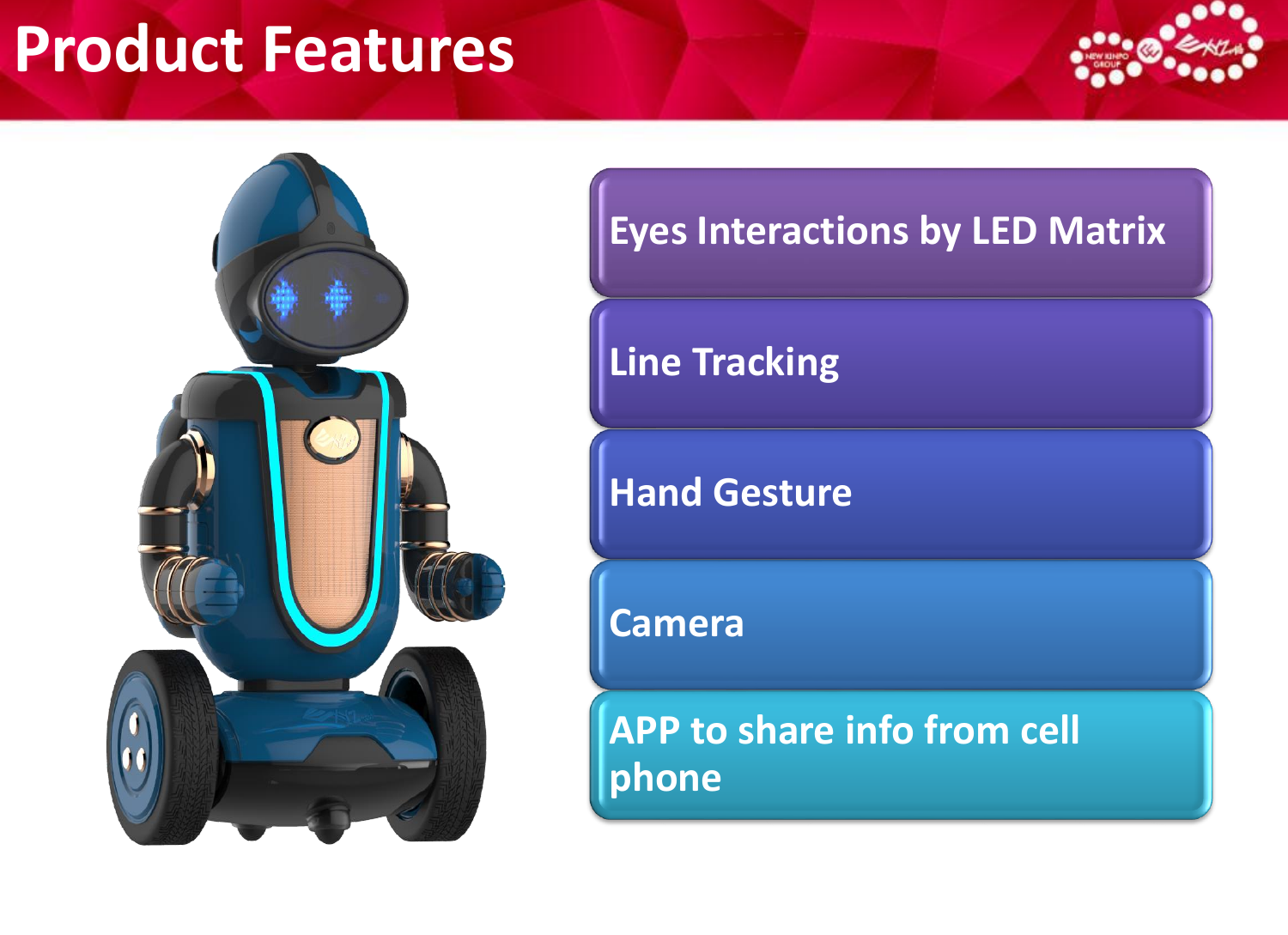 Eyes Interactions by LED MatrixLine TrackingHand GestureCamera APP to share info from cell phoneProduct Features