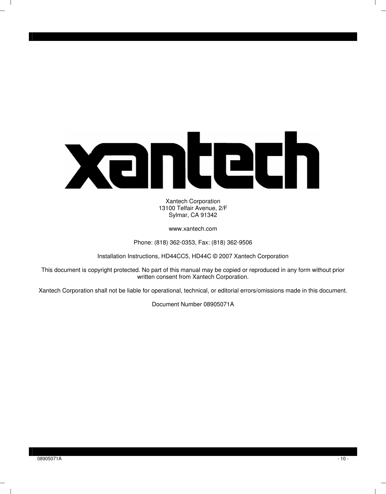 Page 12 of 12 - Xantech Xantech-Switch-Hd44C-Users-Manual- Installation Instructions  Xantech-switch-hd44c-users-manual
