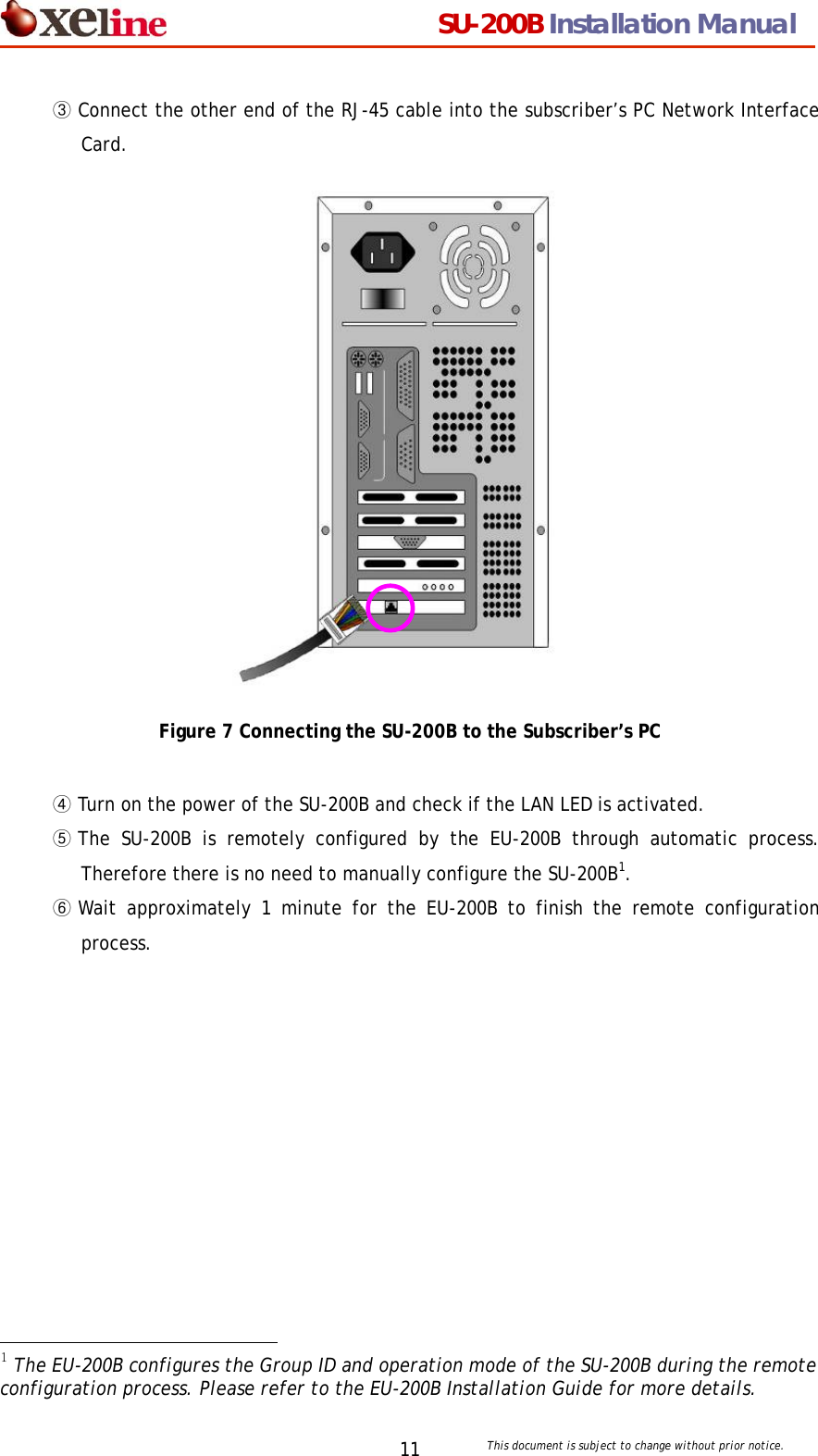                                  SU-200B Installation Manual     This document is subject to change without prior notice. 11③ Connect the other end of the RJ-45 cable into the subscriber&rsquo;s PC Network Interface Card.                  Figure 7 Connecting the SU-200B to the Subscriber&rsquo;s PC  ④ Turn on the power of the SU-200B and check if the LAN LED is activated. ⑤ The SU-200B is remotely configured by the EU-200B through automatic process.  Therefore there is no need to manually configure the SU-200B1.  ⑥ Wait approximately 1 minute for the EU-200B to finish the remote configuration process.                                               1 The EU-200B configures the Group ID and operation mode of the SU-200B during the remote configuration process. Please refer to the EU-200B Installation Guide for more details.  