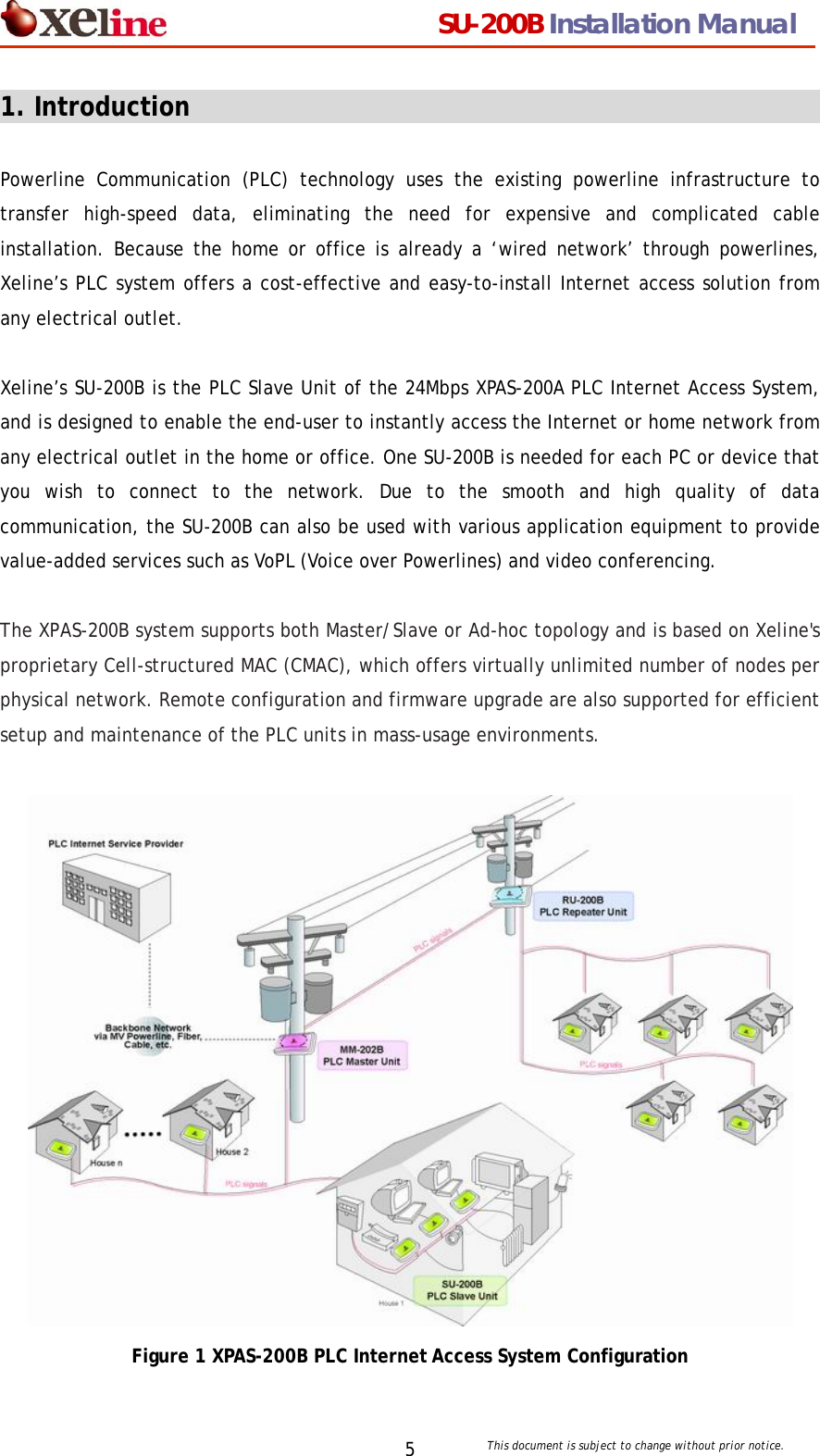                                  SU-200B Installation Manual     This document is subject to change without prior notice. 51. Introduction                                                   Powerline Communication (PLC) technology uses the existing powerline infrastructure to transfer high-speed data, eliminating the need for expensive and complicated cable installation. Because the home or office is already a &lsquo;wired network&rsquo; through powerlines, Xeline&rsquo;s PLC system offers a cost-effective and easy-to-install Internet access solution from any electrical outlet.    Xeline&rsquo;s SU-200B is the PLC Slave Unit of the 24Mbps XPAS-200A PLC Internet Access System, and is designed to enable the end-user to instantly access the Internet or home network from any electrical outlet in the home or office. One SU-200B is needed for each PC or device that you wish to connect to the network. Due to the smooth and high quality of data communication, the SU-200B can also be used with various application equipment to provide value-added services such as VoPL (Voice over Powerlines) and video conferencing.  The XPAS-200B system supports both Master/Slave or Ad-hoc topology and is based on Xeline's proprietary Cell-structured MAC (CMAC), which offers virtually unlimited number of nodes per physical network. Remote configuration and firmware upgrade are also supported for efficient setup and maintenance of the PLC units in mass-usage environments.     Figure 1 XPAS-200B PLC Internet Access System Configuration 