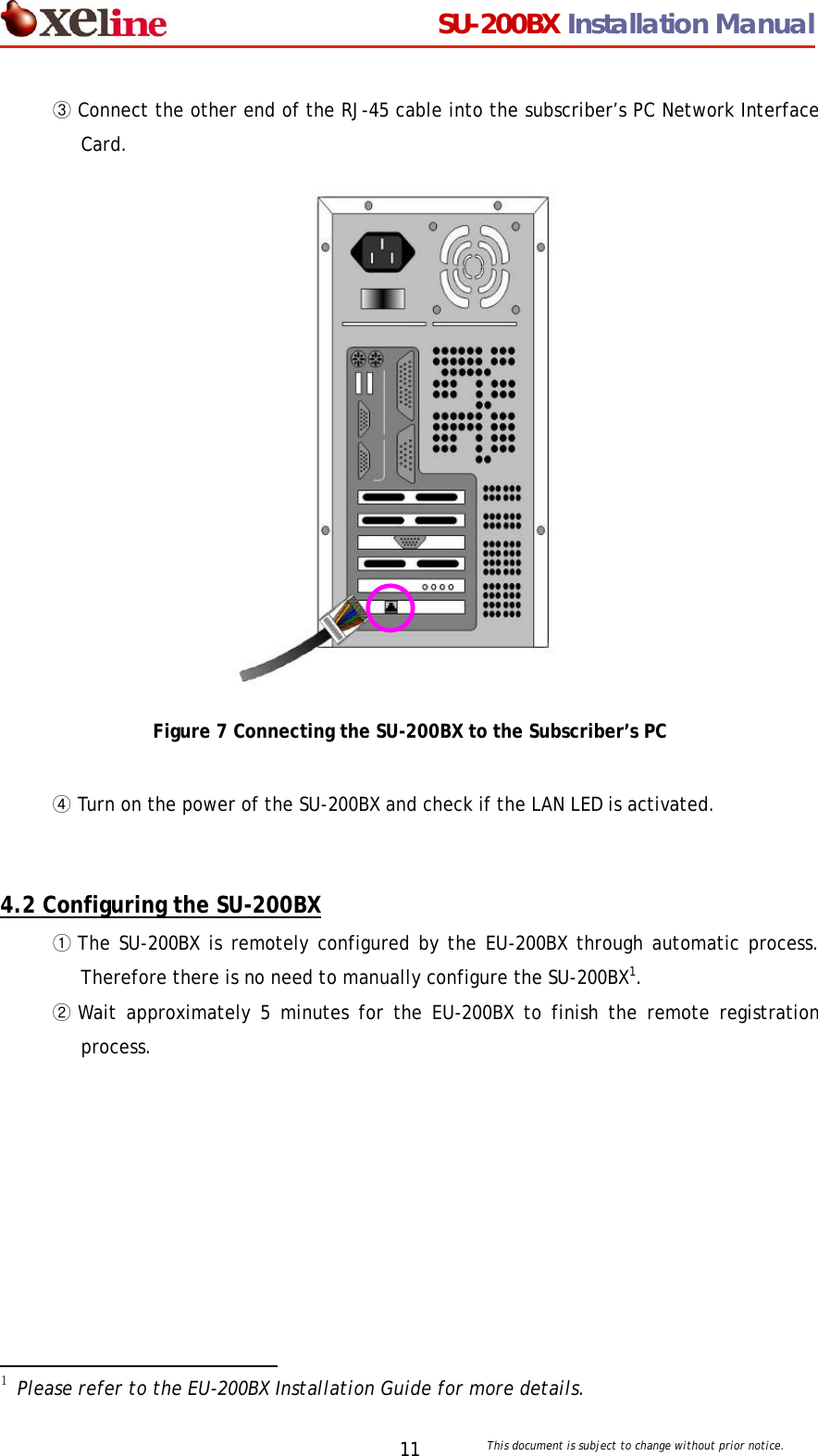                                 SU-200BX Installation Manual     This document is subject to change without prior notice. 11③ Connect the other end of the RJ-45 cable into the subscriber&rsquo;s PC Network Interface Card.                  Figure 7 Connecting the SU-200BX to the Subscriber&rsquo;s PC  ④ Turn on the power of the SU-200BX and check if the LAN LED is activated.   4.2 Configuring the SU-200BX ① The SU-200BX is remotely configured by the EU-200BX through automatic process.  Therefore there is no need to manually configure the SU-200BX1.  ② Wait approximately 5 minutes for the EU-200BX to finish the remote registration process.                                               1 Please refer to the EU-200BX Installation Guide for more details.  