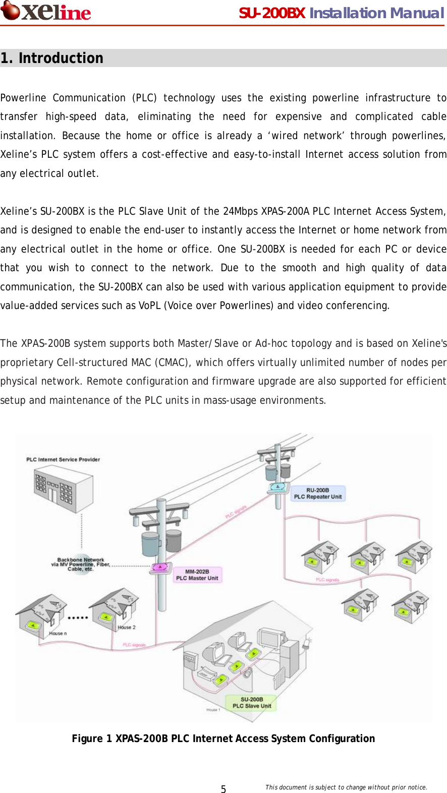                                  SU-200BX Installation Manual     This document is subject to change without prior notice. 51. Introduction                                                   Powerline Communication (PLC) technology uses the existing powerline infrastructure to transfer high-speed data, eliminating the need for expensive and complicated cable installation. Because the home or office is already a &lsquo;wired network&rsquo; through powerlines, Xeline&rsquo;s PLC system offers a cost-effective and easy-to-install Internet access solution from any electrical outlet.   Xeline&rsquo;s SU-200BX is the PLC Slave Unit of the 24Mbps XPAS-200A PLC Internet Access System, and is designed to enable the end-user to instantly access the Internet or home network from any electrical outlet in the home or office. One SU-200BX is needed for each PC or device that you wish to connect to the network. Due to the smooth and high quality of data communication, the SU-200BX can also be used with various application equipment to provide value-added services such as VoPL (Voice over Powerlines) and video conferencing.  The XPAS-200B system supports both Master/Slave or Ad-hoc topology and is based on Xeline's proprietary Cell-structured MAC (CMAC), which offers virtually unlimited number of nodes per physical network. Remote configuration and firmware upgrade are also supported for efficient setup and maintenance of the PLC units in mass-usage environments.    Figure 1 XPAS-200B PLC Internet Access System Configuration 
