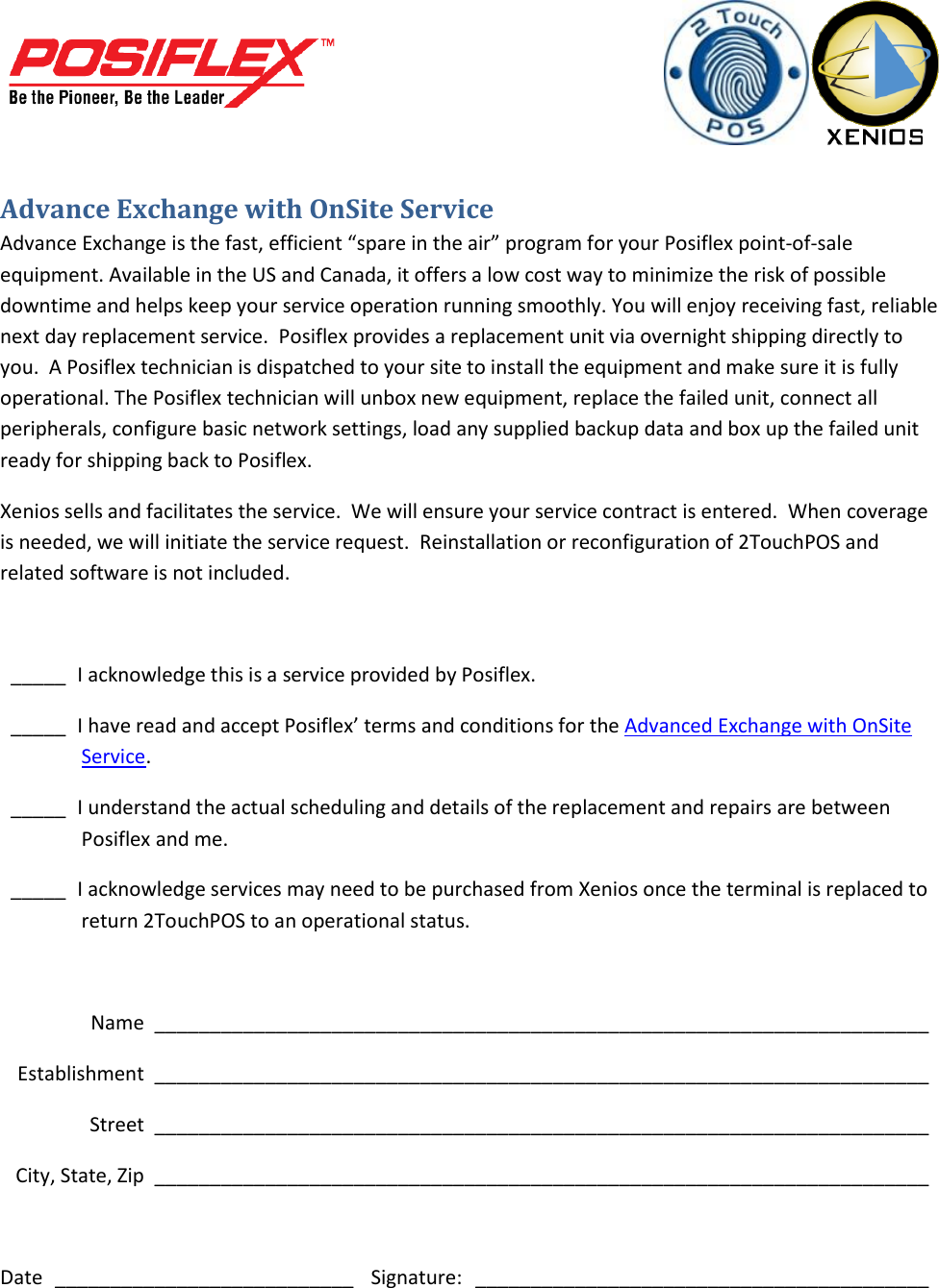 Page 1 of 1 - Advance Exchange With On Site Service Customer Acknowledgement Form