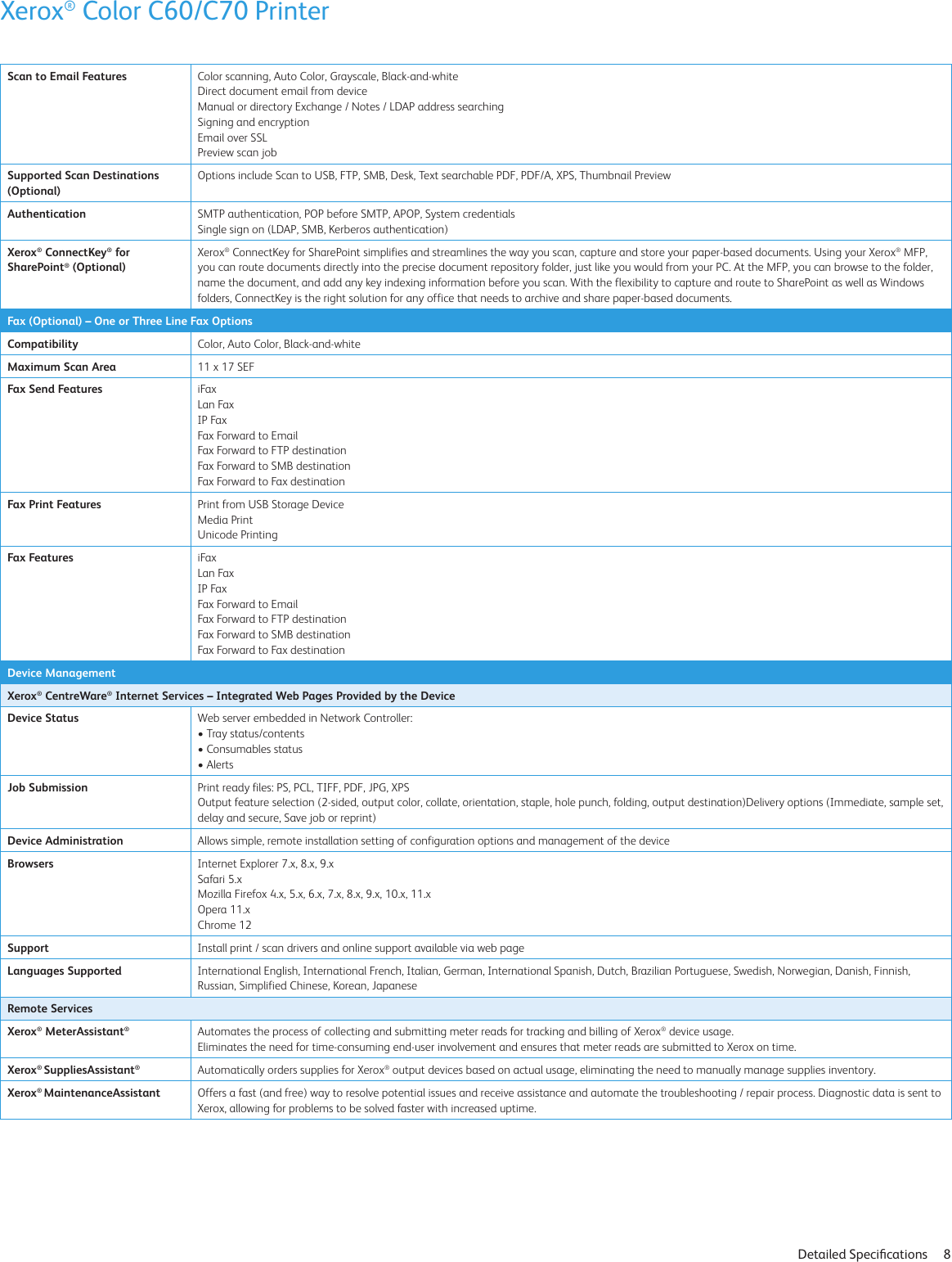 Page 8 of 11 - Xerox Xerox-Color-C60-C70-Specifications- Color C60/C70  Xerox-color-c60-c70-specifications