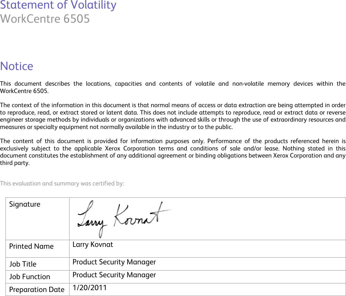Page 2 of 6 - Xerox Xerox-Workcentre-6505-Users-Manual WorkCentre_6505_Statement_Of_Volatility