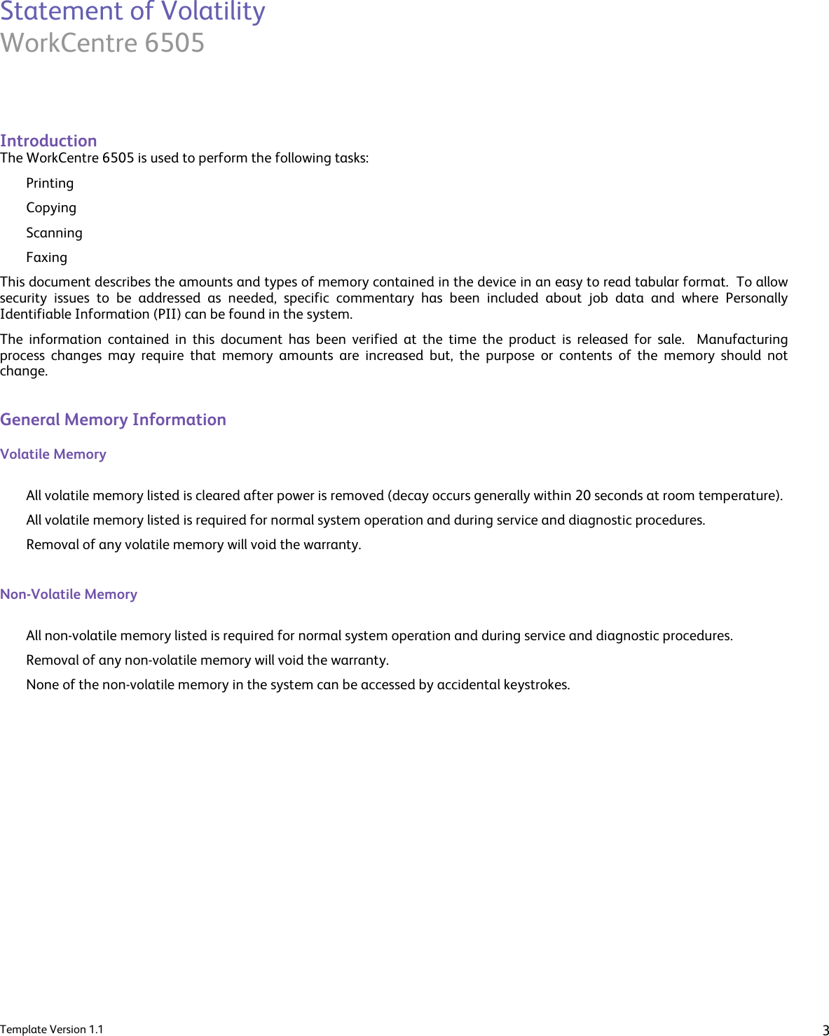 Page 3 of 6 - Xerox Xerox-Workcentre-6505-Users-Manual WorkCentre_6505_Statement_Of_Volatility