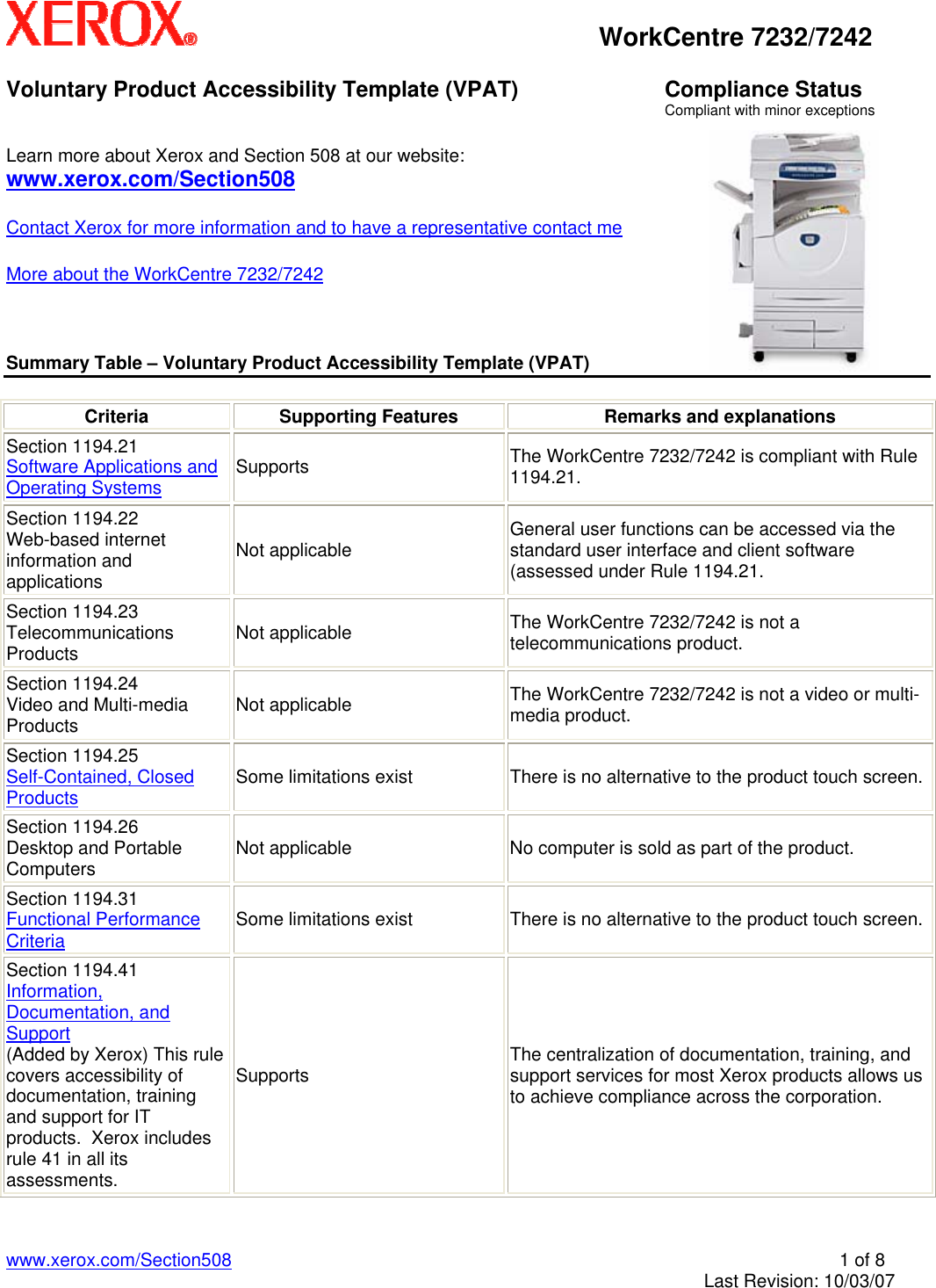 Page 1 of 8 - Xerox Xerox-Workcentre-7232-Users-Manual- VPAT For WorkCentre 7232/7242 Xerox-workcentre-7232-users-manual