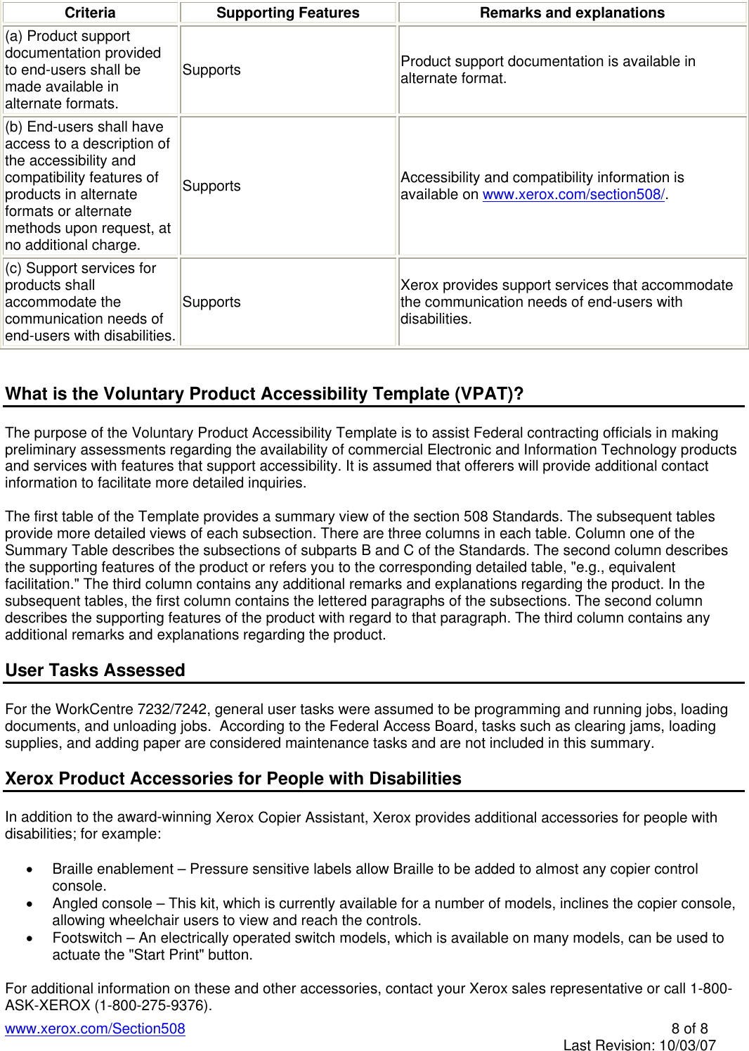 Page 8 of 8 - Xerox Xerox-Workcentre-7232-Users-Manual- VPAT For WorkCentre 7232/7242 Xerox-workcentre-7232-users-manual
