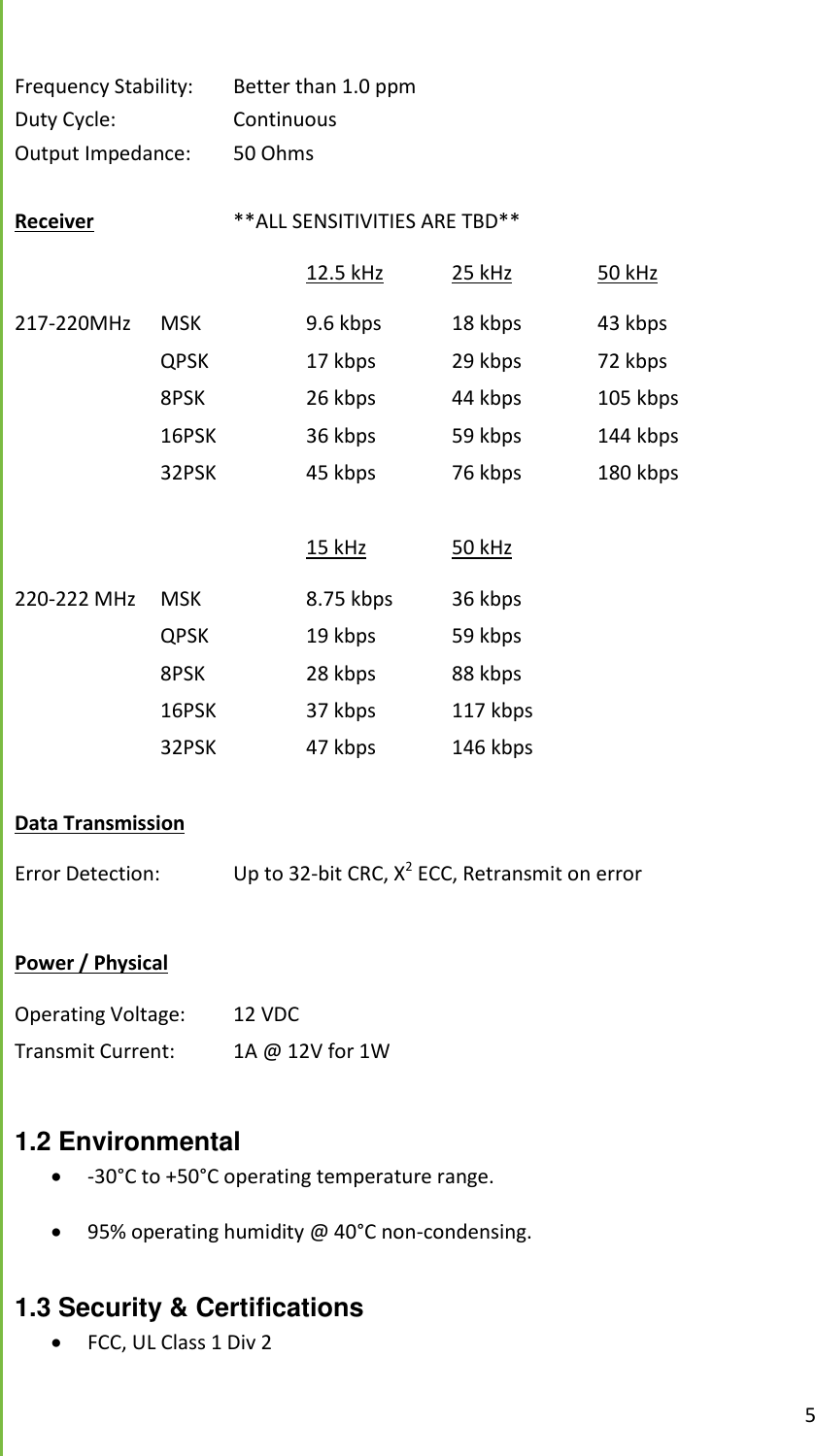  5  Frequency Stability:   Better than 1.0 ppm Duty Cycle:     Continuous Output Impedance:   50 Ohms  Receiver    **ALL SENSITIVITIES ARE TBD**         12.5 kHz  25 kHz    50 kHz 217-220MHz  MSK    9.6 kbps  18 kbps   43 kbps     QPSK    17 kbps   29 kbps   72 kbps     8PSK    26 kbps   44 kbps   105 kbps     16PSK    36 kbps   59 kbps   144 kbps     32PSK    45 kbps   76 kbps   180 kbps          15 kHz    50 kHz 220-222 MHz  MSK    8.75 kbps  36 kbps     QPSK    19 kbps   59 kbps     8PSK    28 kbps   88 kbps     16PSK    37 kbps   117 kbps     32PSK    47 kbps   146 kbps  Data Transmission Error Detection:  Up to 32-bit CRC, X2 ECC, Retransmit on error  Power / Physical Operating Voltage:  12 VDC Transmit Current:  1A @ 12V for 1W  1.2 Environmental  -30&deg;C to +50&deg;C operating temperature range.   95% operating humidity @ 40&deg;C non-condensing.   1.3 Security &amp; Certifications  FCC, UL Class 1 Div 2   