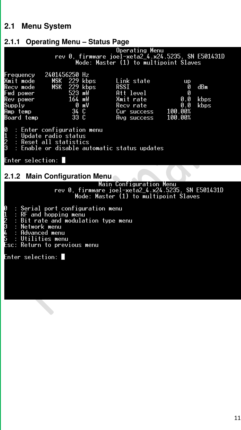  11  2.1  Menu System 2.1.1  Operating Menu &ndash; Status Page  2.1.2  Main Configuration Menu      