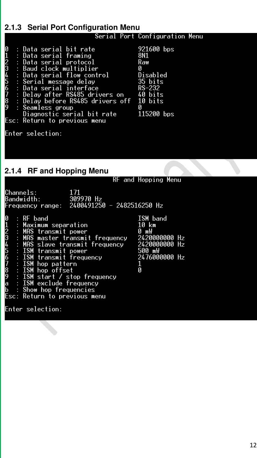  12  2.1.3  Serial Port Configuration Menu  2.1.4  RF and Hopping Menu         