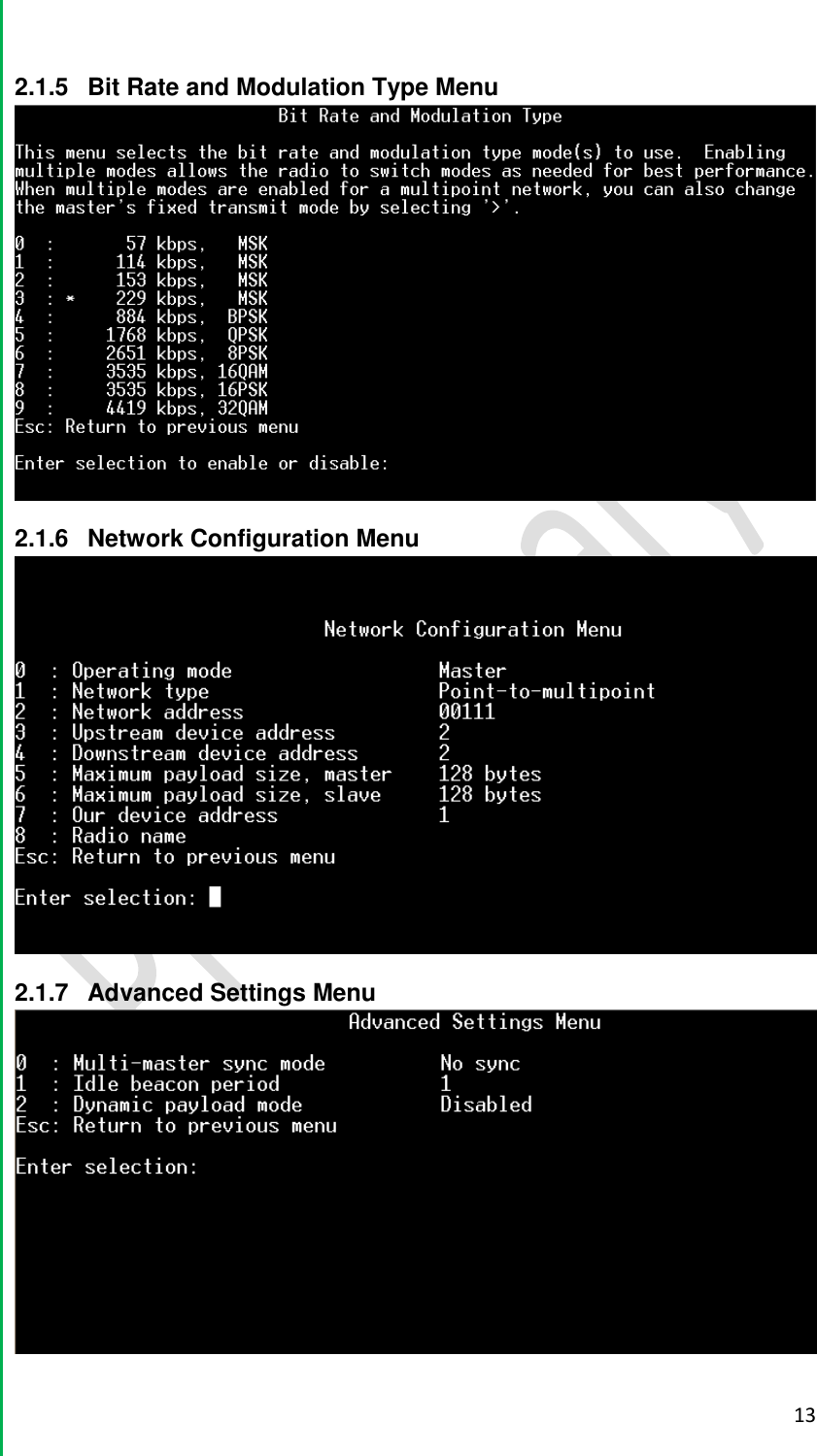  13  2.1.5  Bit Rate and Modulation Type Menu  2.1.6  Network Configuration Menu  2.1.7  Advanced Settings Menu  