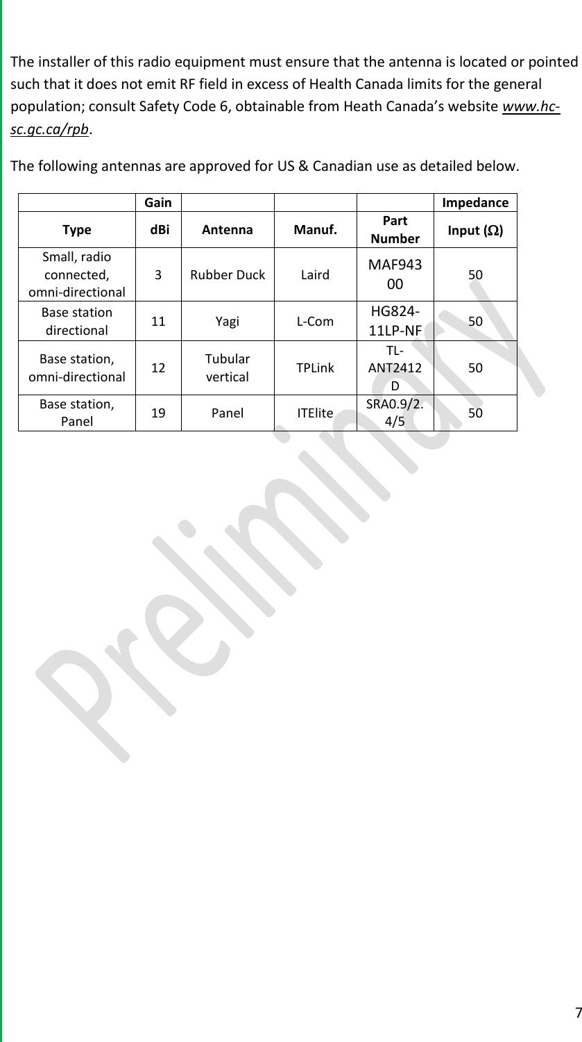  7  The installer of this radio equipment must ensure that the antenna is located or pointed such that it does not emit RF field in excess of Health Canada limits for the general population; consult Safety Code 6, obtainable from Heath Canada&rsquo;s website www.hc-sc.gc.ca/rpb.   The following antennas are approved for US &amp; Canadian use as detailed below.    Gain    Impedance Type  dBi Antenna Manuf. Part Number Input () Small, radio connected, omni-directional 3 Rubber Duck  Laird MAF94300 50 Base station directional 11 Yagi L-Com HG824-11LP-NF 50 Base station, omni-directional 12 Tubular vertical TPLink TL-ANT2412D 50 Base station, Panel 19 Panel ITElite SRA0.9/2.4/5 50       