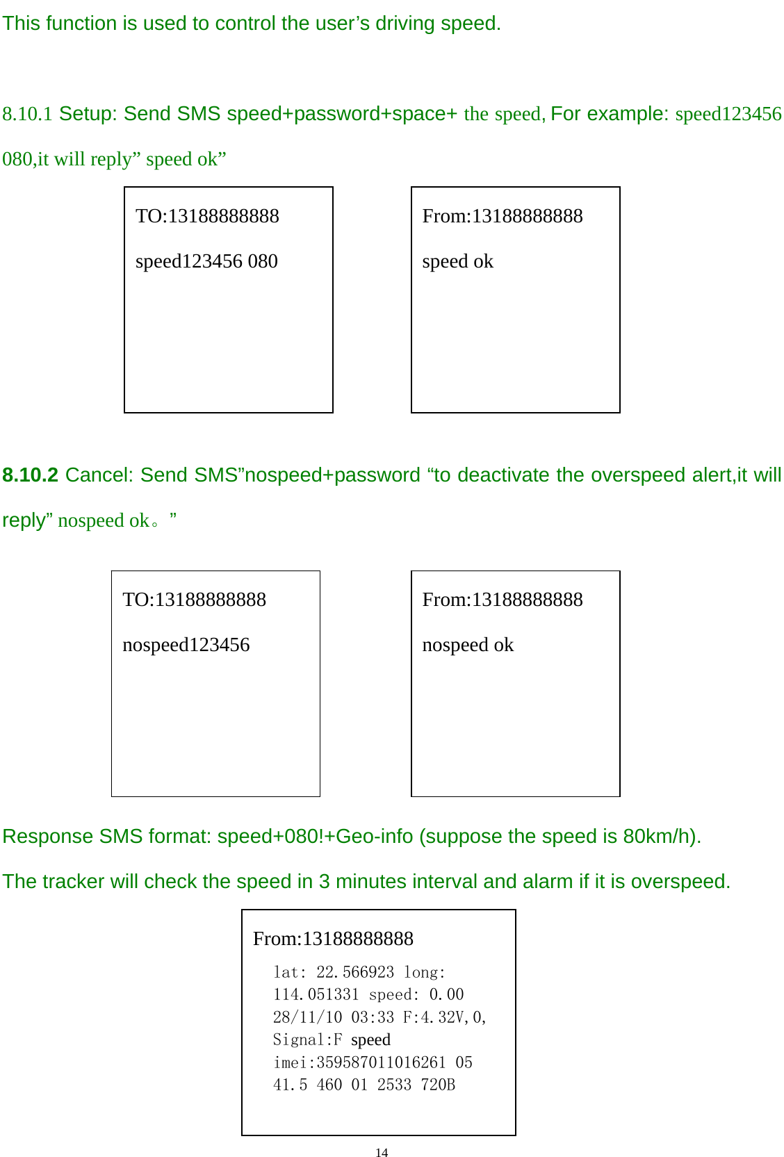                                      14                                                   This function is used to control the user’s driving speed.  8.10.1 Setup: Send SMS speed+password+space+ the speed, For example: speed123456 080,it will reply” speed ok”       8.10.2 Cancel: Send SMS”nospeed+password “to deactivate the overspeed alert,it will reply” nospeed ok。”                        Response SMS format: speed+080!+Geo-info (suppose the speed is 80km/h).   The tracker will check the speed in 3 minutes interval and alarm if it is overspeed.              TO:13188888888 speed123456 080 From:13188888888 speed ok TO:13188888888 nospeed123456 From:13188888888 nospeed ok From:13188888888 lat: 22.566923 long: 114.051331 speed: 0.00 28/11/10 03:33 F:4.32V,0, Signal:F speed imei:359587011016261 05 41.5 460 01 2533 720B  