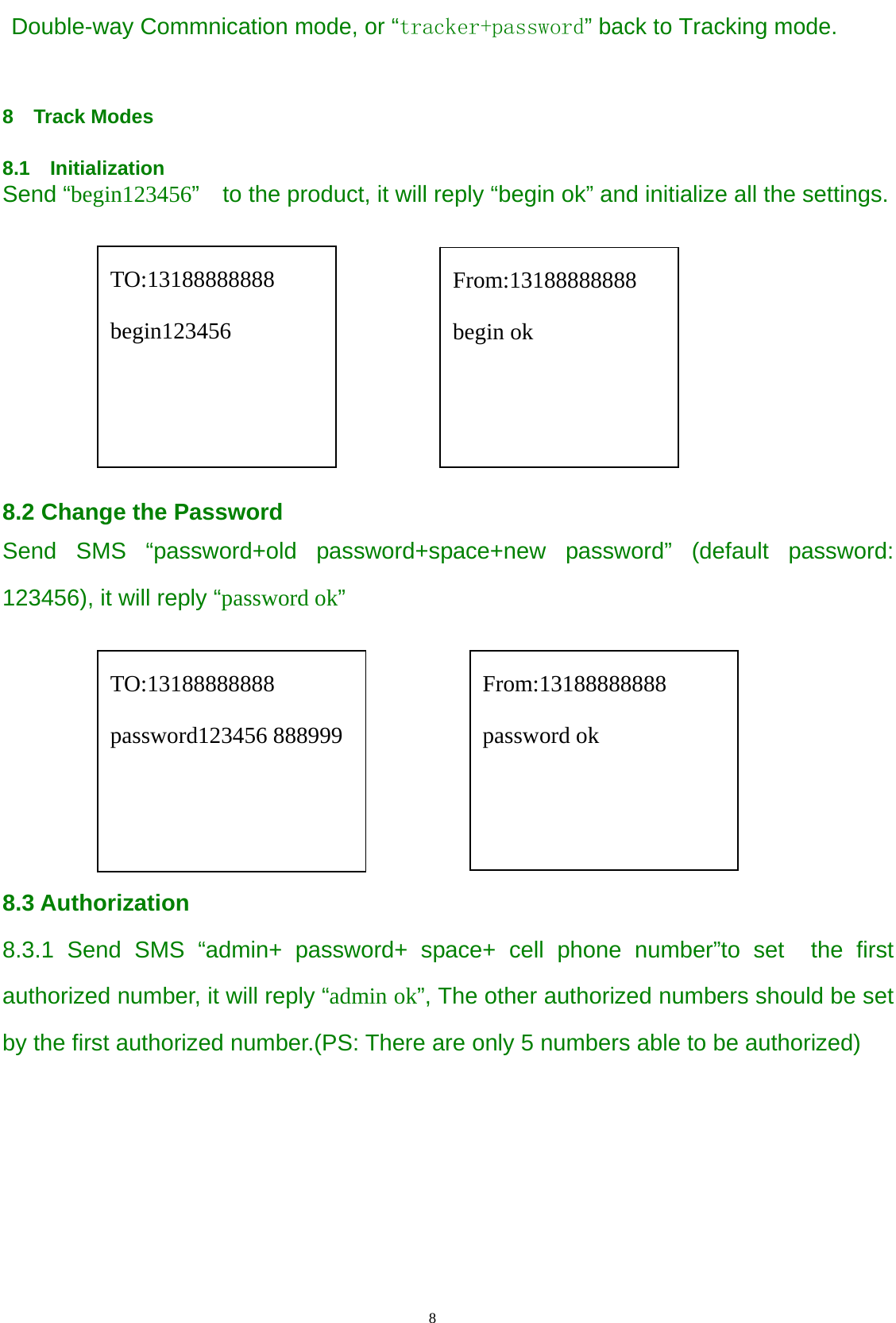                                      8                                                   Double-way Commnication mode, or “tracker+password” back to Tracking mode.  8  Track Modes  8.1  Initialization Send “begin123456”    to the product, it will reply “begin ok” and initialize all the settings.        8.2 Change the Password Send SMS “password+old password+space+new password” (default password: 123456), it will reply “password ok”                        8.3 Authorization 8.3.1 Send SMS “admin+ password+ space+ cell phone number”to set  the first authorized number, it will reply “admin ok”, The other authorized numbers should be set by the first authorized number.(PS: There are only 5 numbers able to be authorized)  From:13188888888 password ok TO:13188888888 begin123456 TO:13188888888 password123456 888999 From:13188888888 begin ok 