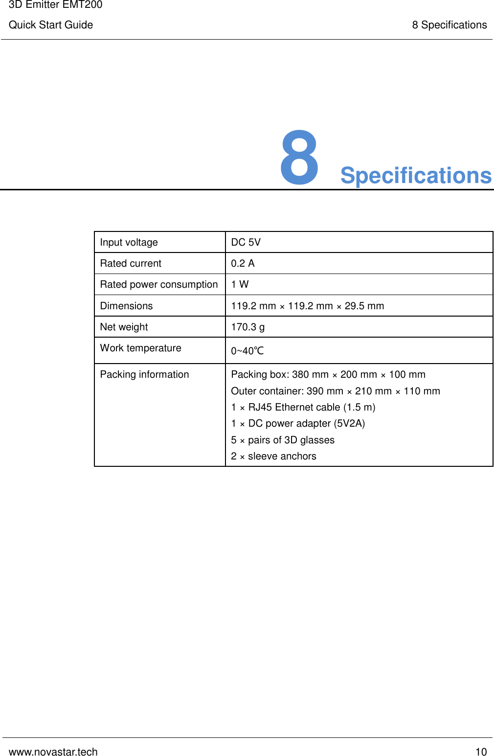 3D Emitter EMT200 Quick Start Guide 8 Specifications  www.novastar.tech  10    8 Specifications Input voltage DC 5V Rated current 0.2 A Rated power consumption 1 W Dimensions 119.2 mm × 119.2 mm × 29.5 mm Net weight 170.3 g Work temperature 0~40℃ Packing information Packing box: 380 mm × 200 mm × 100 mm Outer container: 390 mm × 210 mm × 110 mm 1 × RJ45 Ethernet cable (1.5 m) 1 × DC power adapter (5V2A) 5 × pairs of 3D glasses 2 × sleeve anchors  